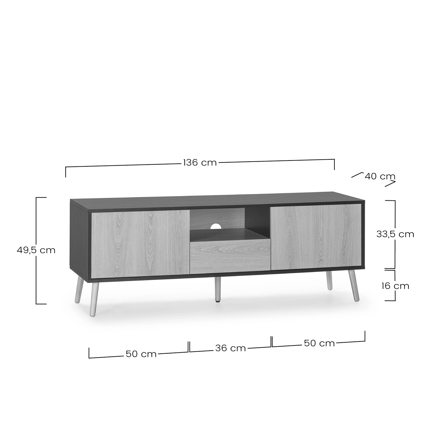 Un moderno mueble de TV con dos puertas de madera, un cajón y un estante.