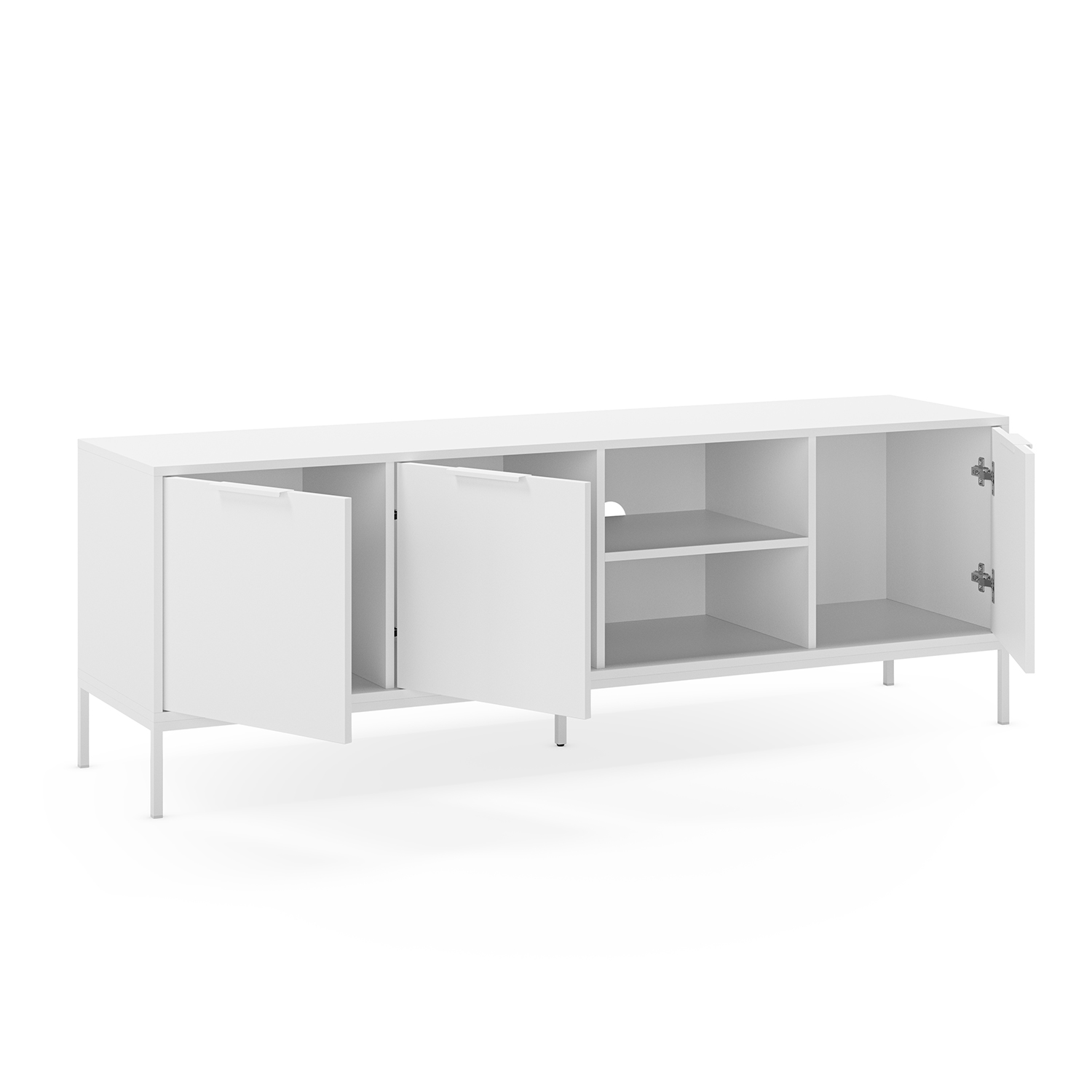 Mueble de TV blanco sobre patas delgadas, dos puertas abiertas, estantes visibles.