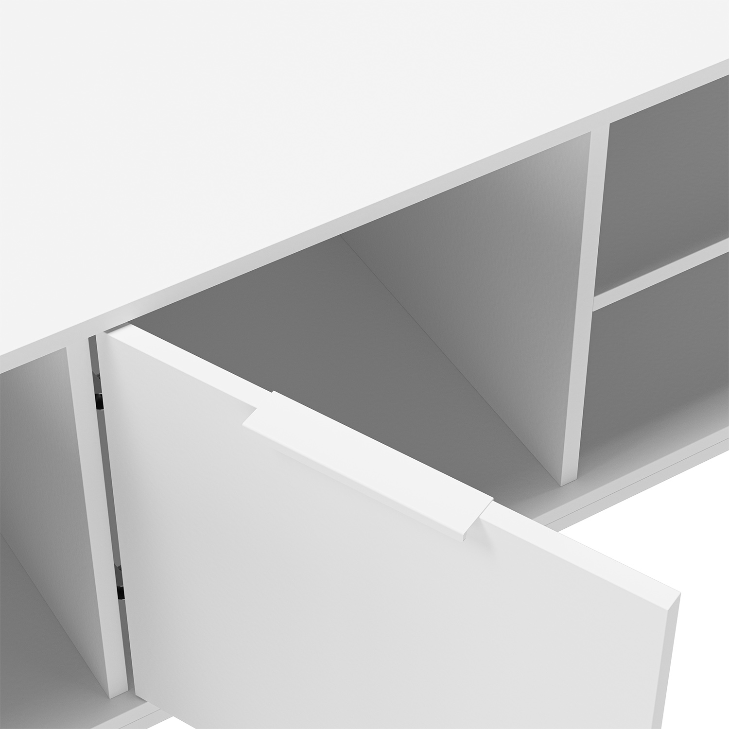 Una puerta de mueble blanca está ligeramente abierta, revelando un compartimento.