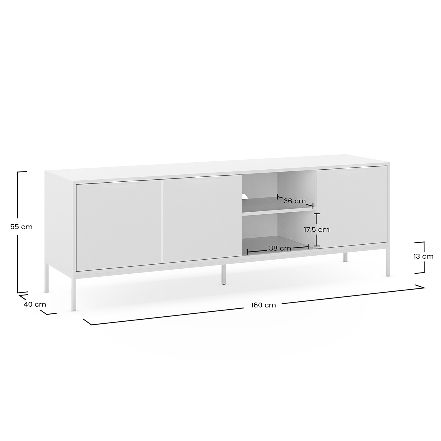 Un mueble de TV blanco con dimensiones: 160x55x40 cm, estante 36x17,5x38 cm.