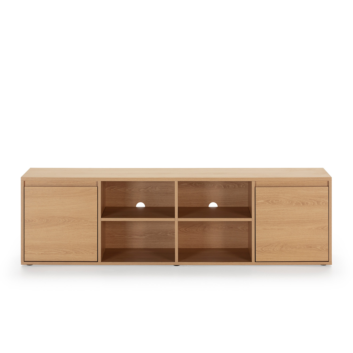 Un mueble de TV de madera con dos puertas y cuatro estantes abiertos.
