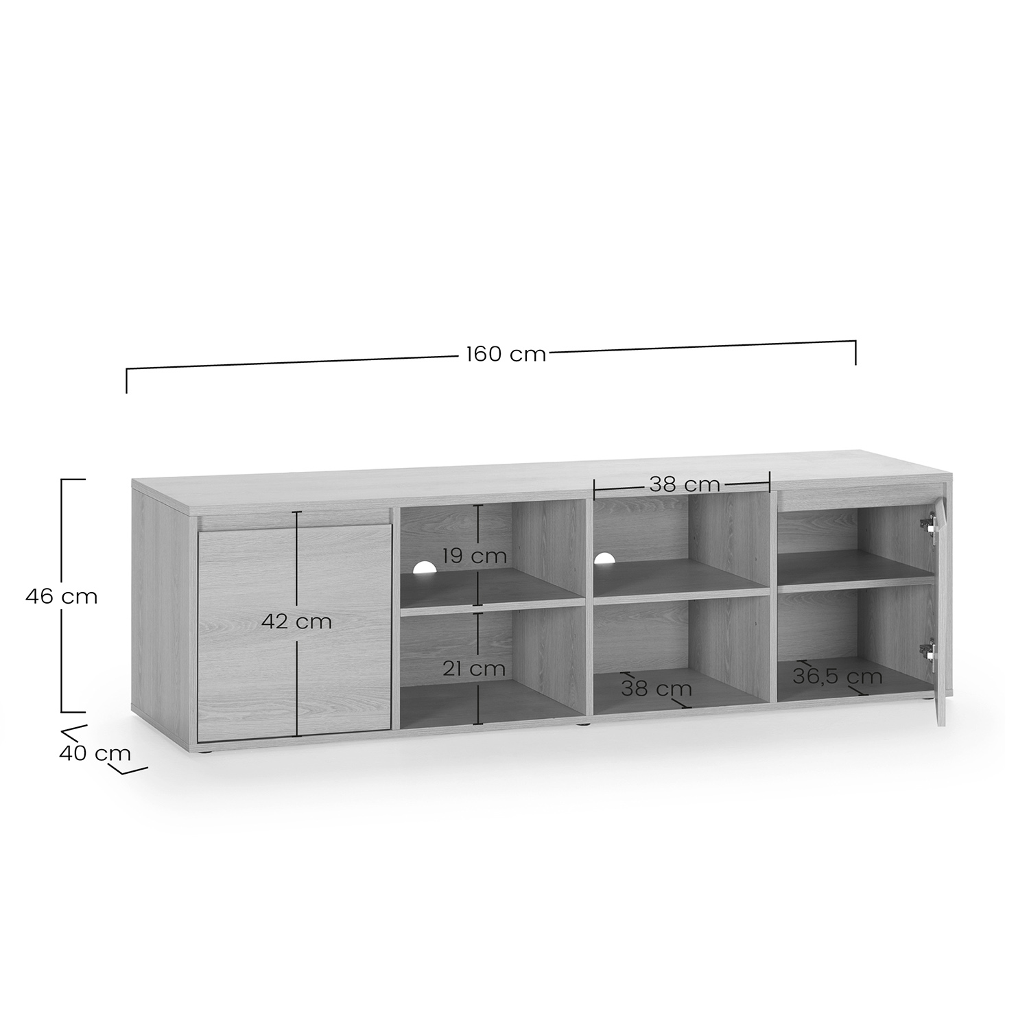 Mueble TV de madera con puertas y estantes, medidas 160x46x40 cm.