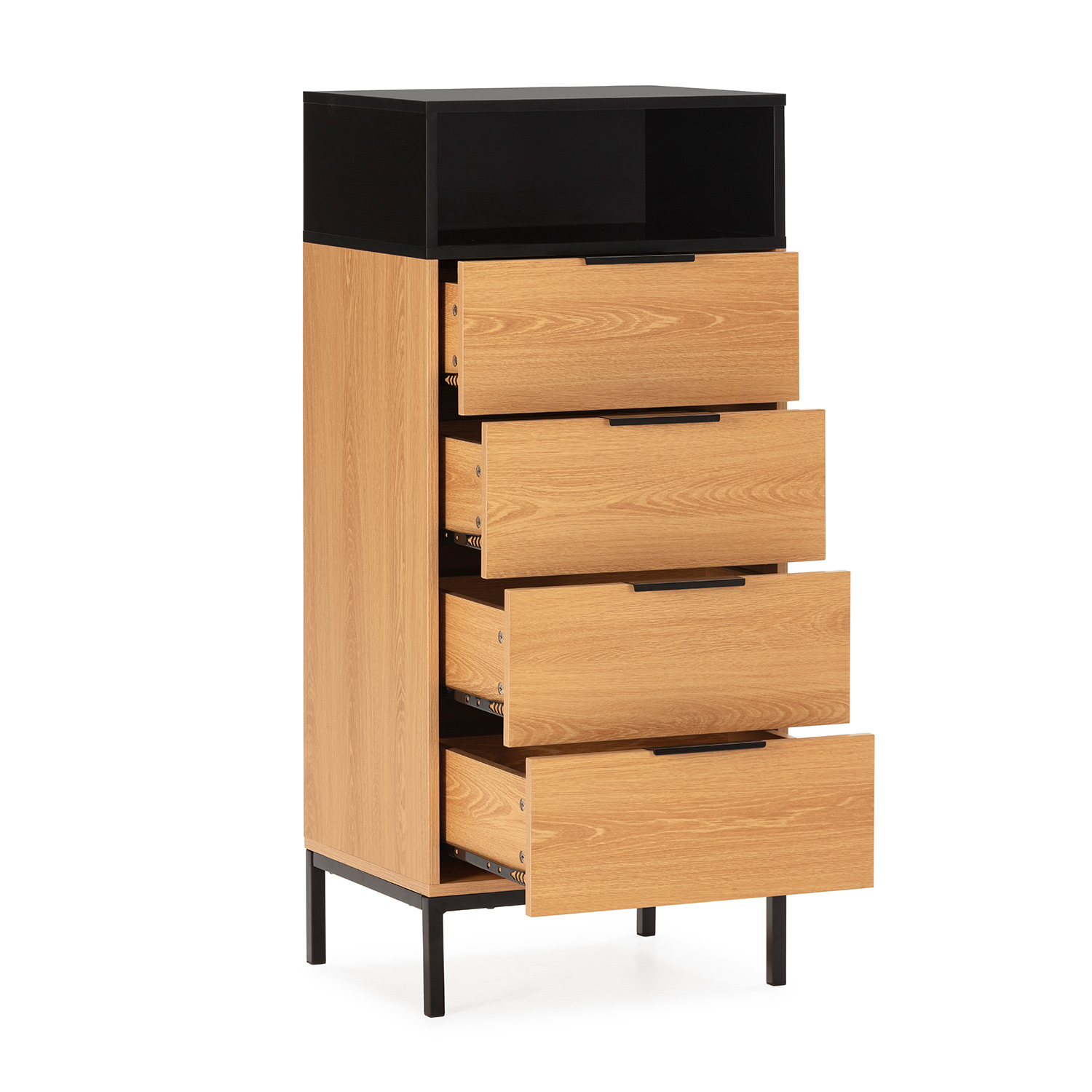 Cómoda moderna de madera con cuatro cajones y parte superior y patas negras.