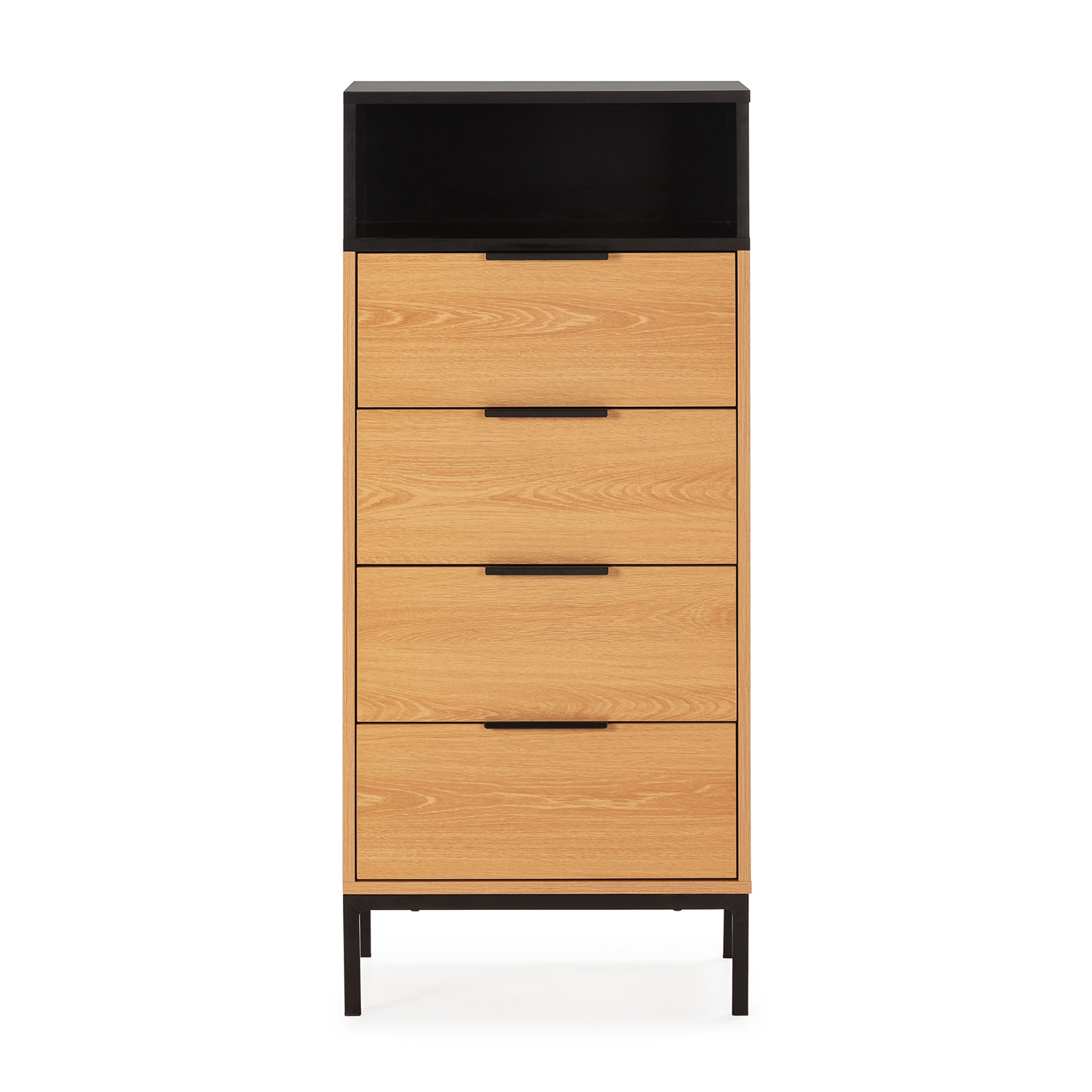 Una mesita de noche de madera moderna y elegante con cuatro cajones y marco negro.
