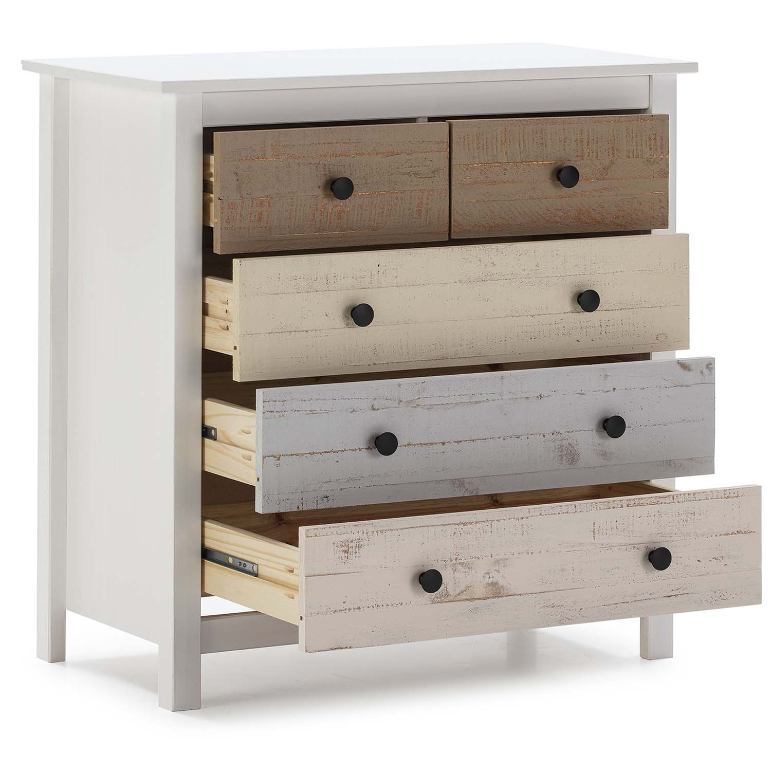 Una cómoda blanca con cinco cajones en variados acabados de madera marrón, beige, gris y blanco.