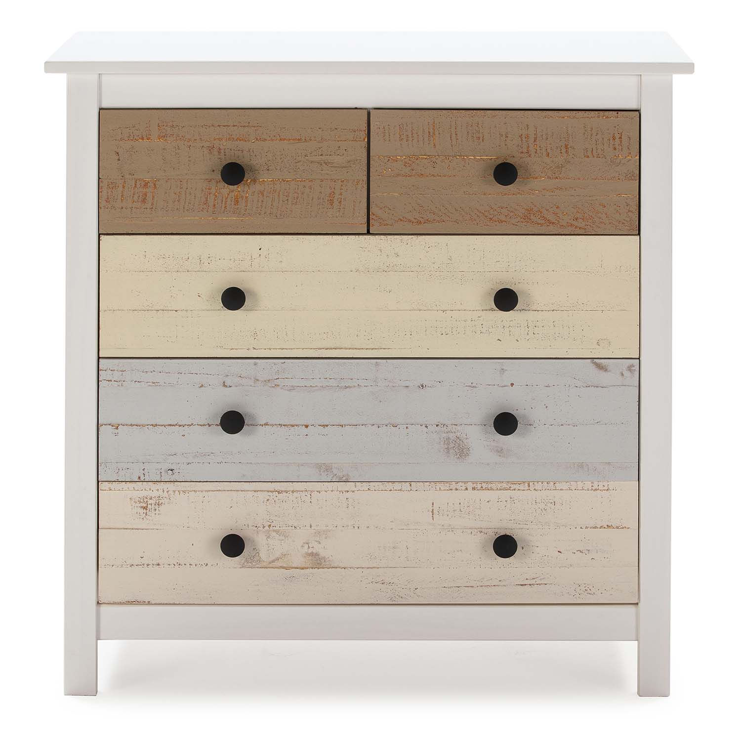 Cómoda blanca con cuatro cajones en varios colores de madera y tiradores negros.