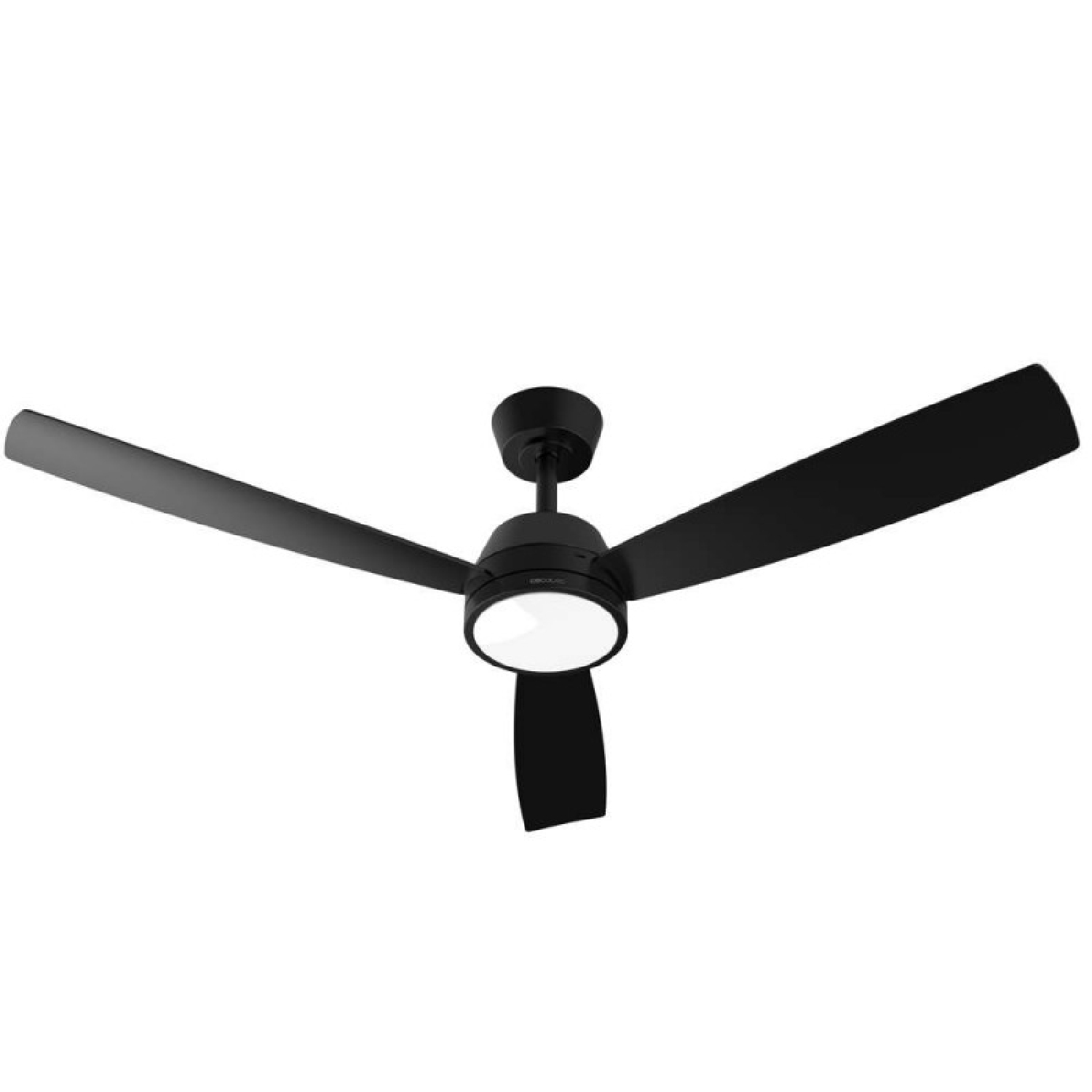 Ventilatore da soffitto nero a tre pale con lampada rotonda integrata.