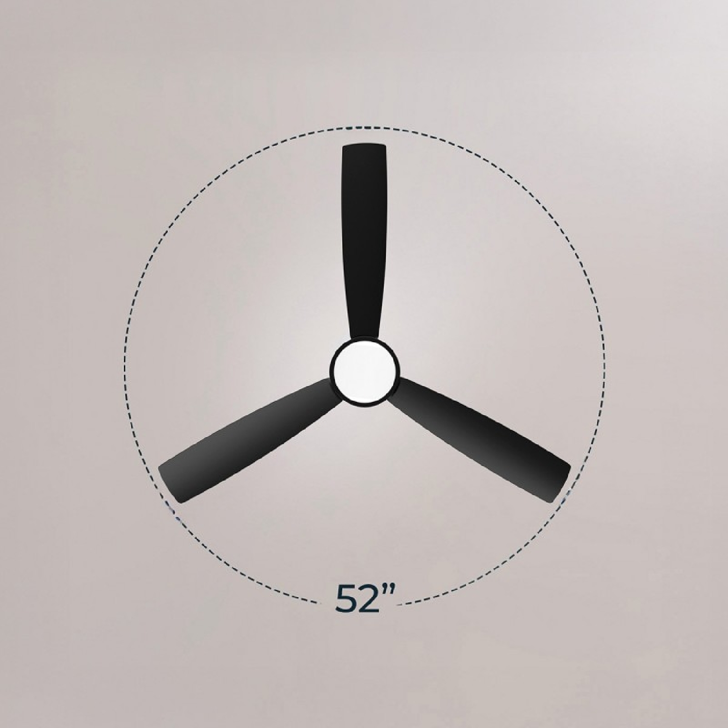 Ventilatore da soffitto nero a tre pale, diametro 52 pollici.
