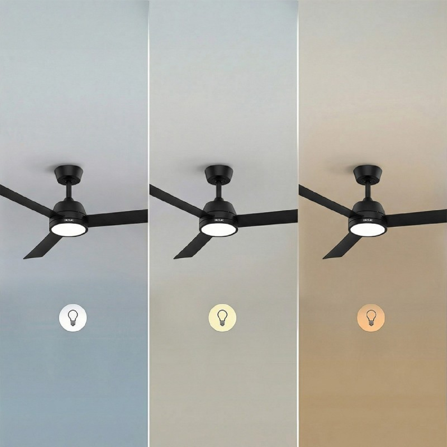 Tre viste di un ventilatore da soffitto nero con luce, che mostrano diversi colori di illuminazione.