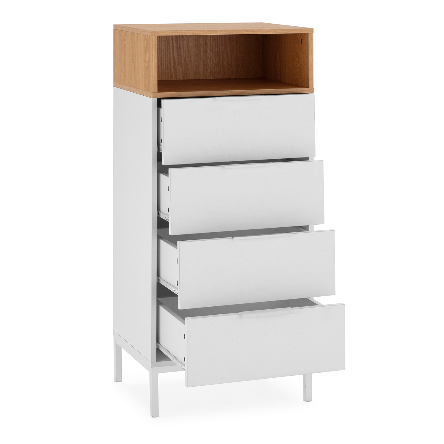 Cómoda blanca de cuatro cajones con un compartimento superior de madera abierto.