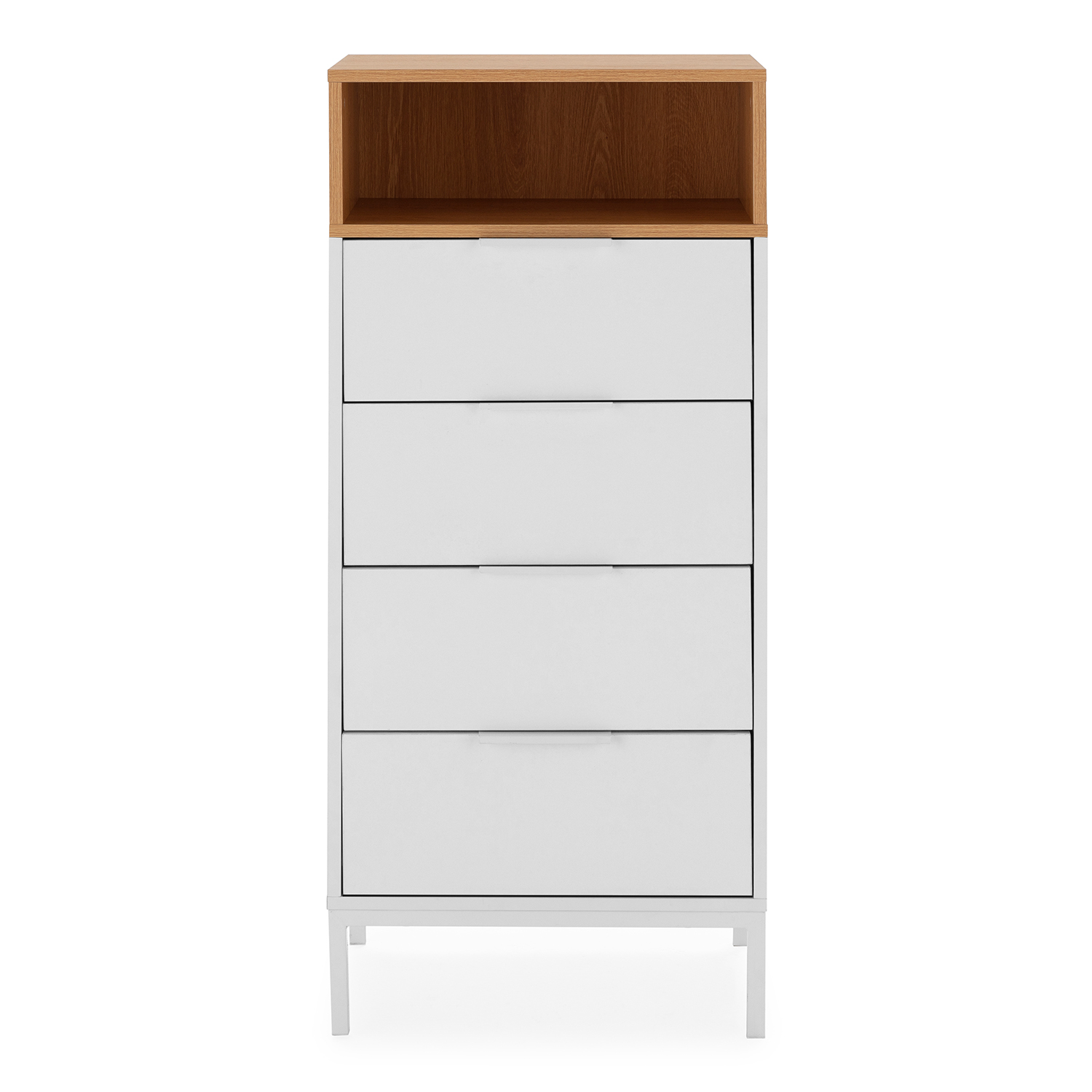 Cómoda blanca con cuatro cajones y un estante abierto de madera arriba, sobre patas delgadas.