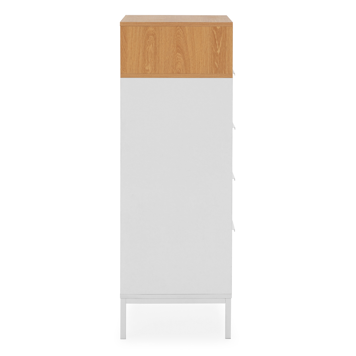 Cómoda blanca con tapa de madera y patas de metal blancas. Se ven cuatro cajones.