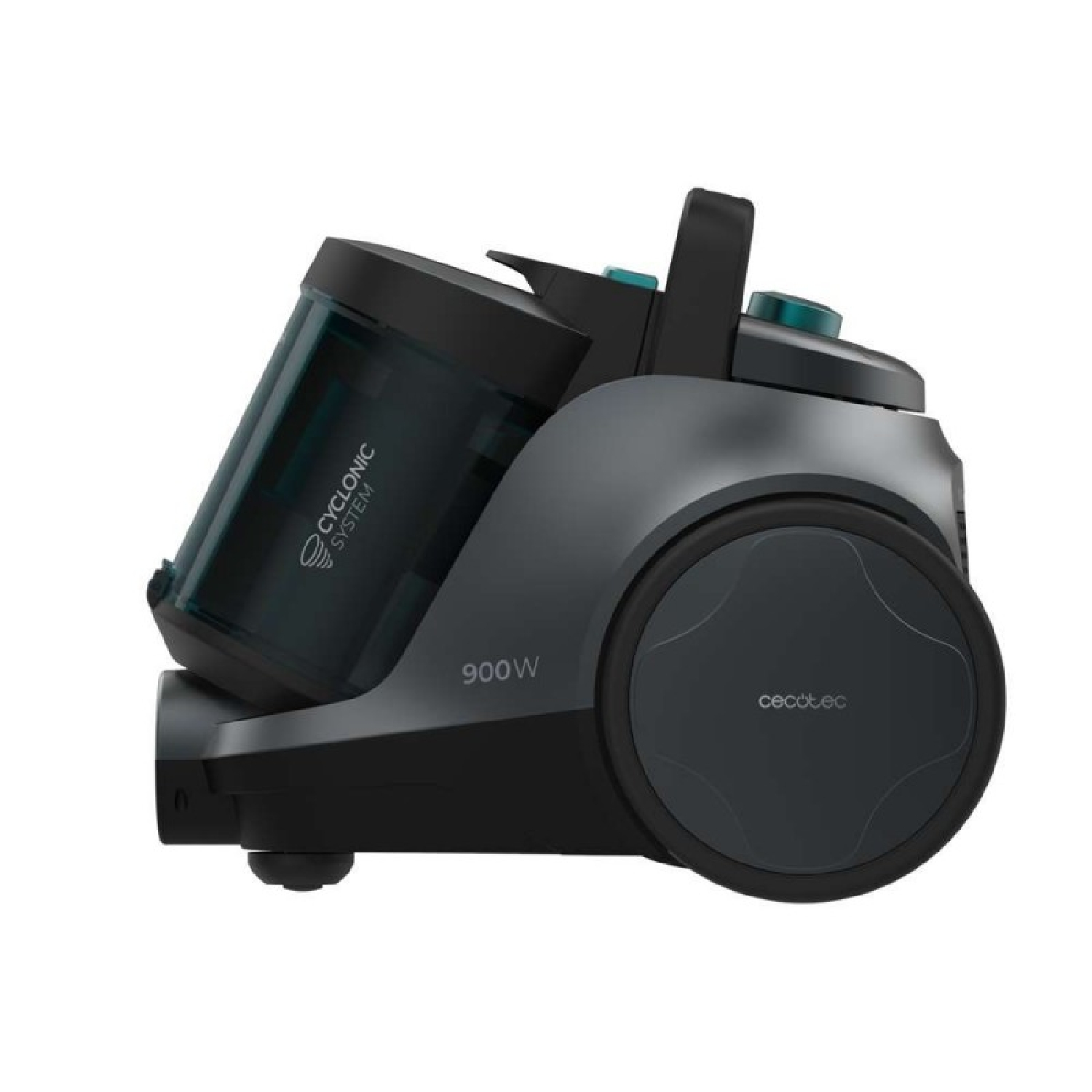 Un aspirapolvere a traina nero e grigio con contenitore trasparente, 900W di potenza e logo Cecotec.
