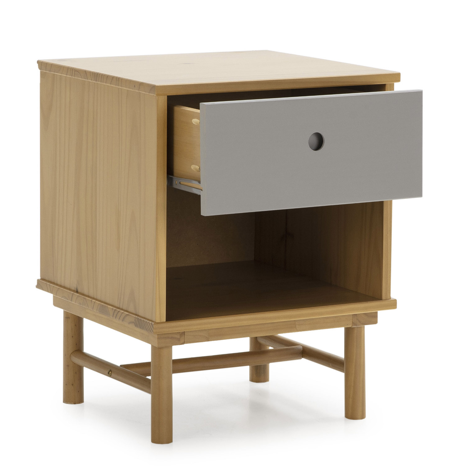 Una mesita de noche de madera con un cajón abierto y un estante.