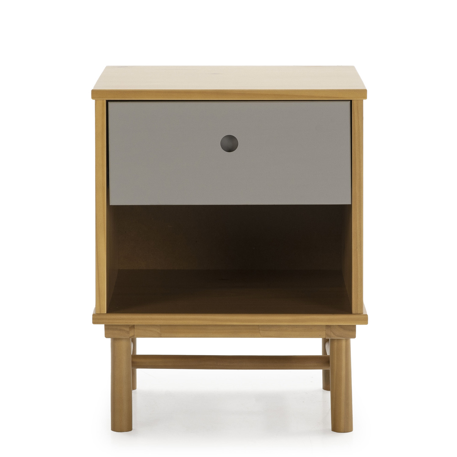 Una mesita de noche de madera con un cajón gris y un estante abierto.