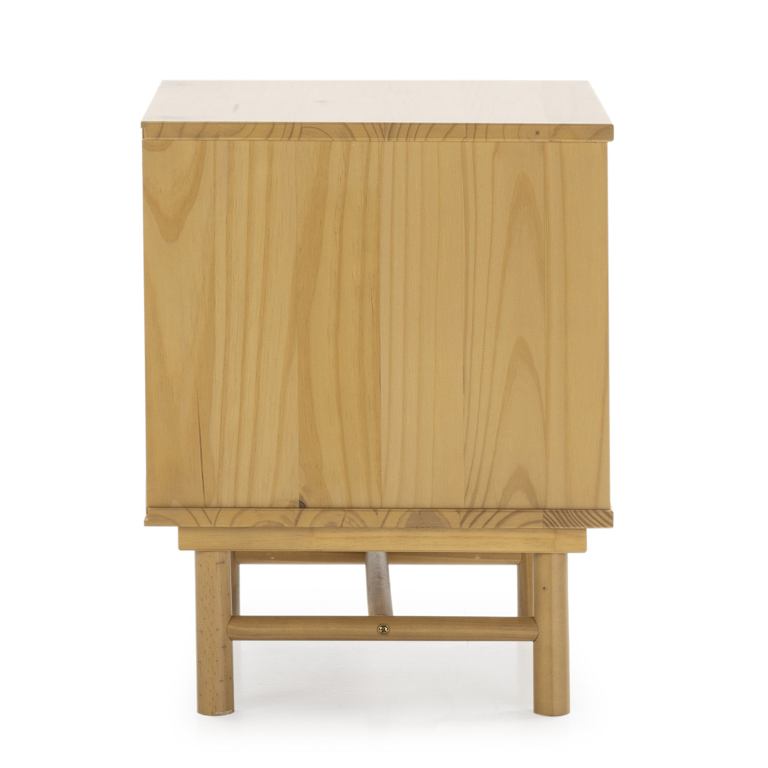 Una mesita de noche de madera con cuatro patas y un cajón, sobre fondo blanco.
