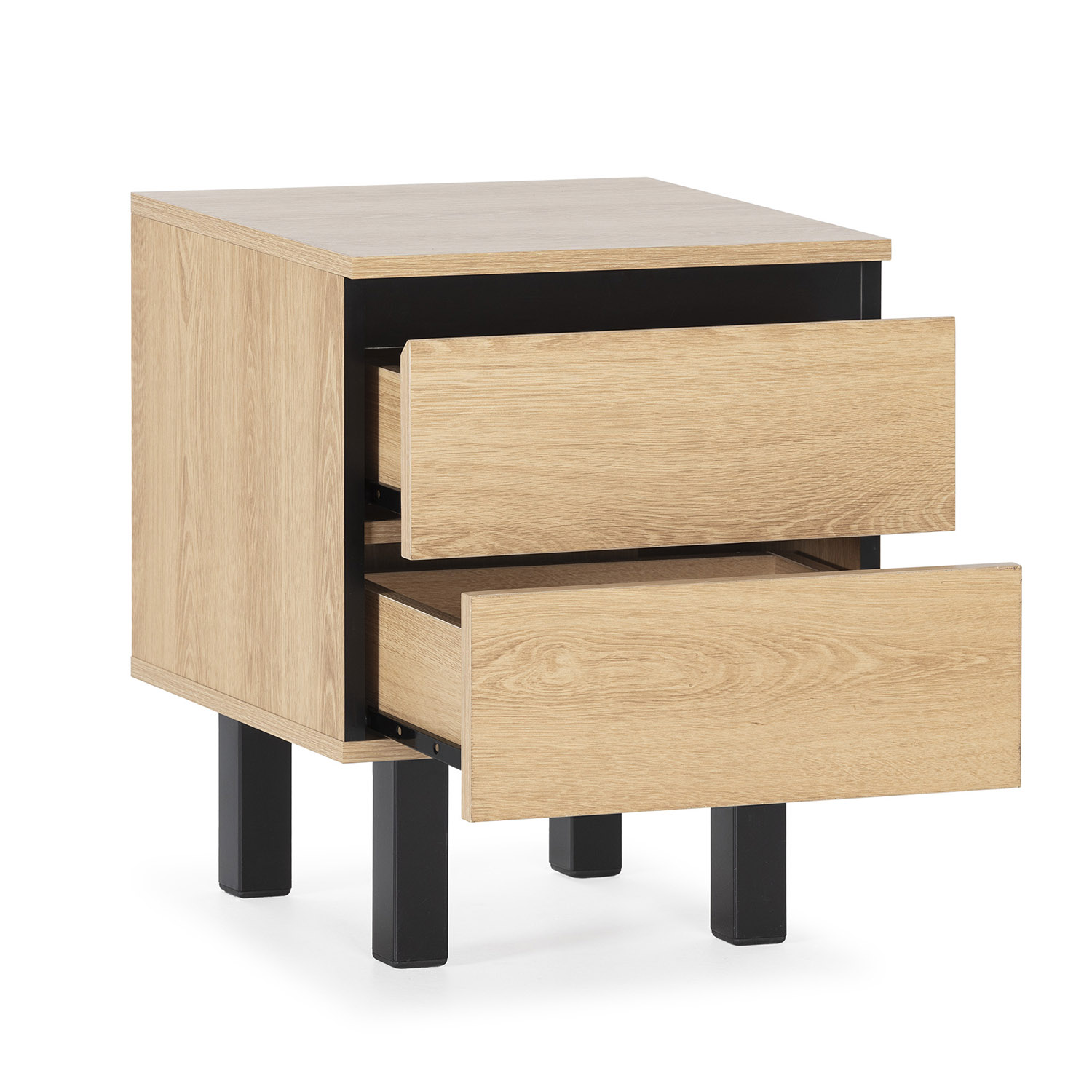 Una mesita de noche de madera con dos cajones y patas negras.