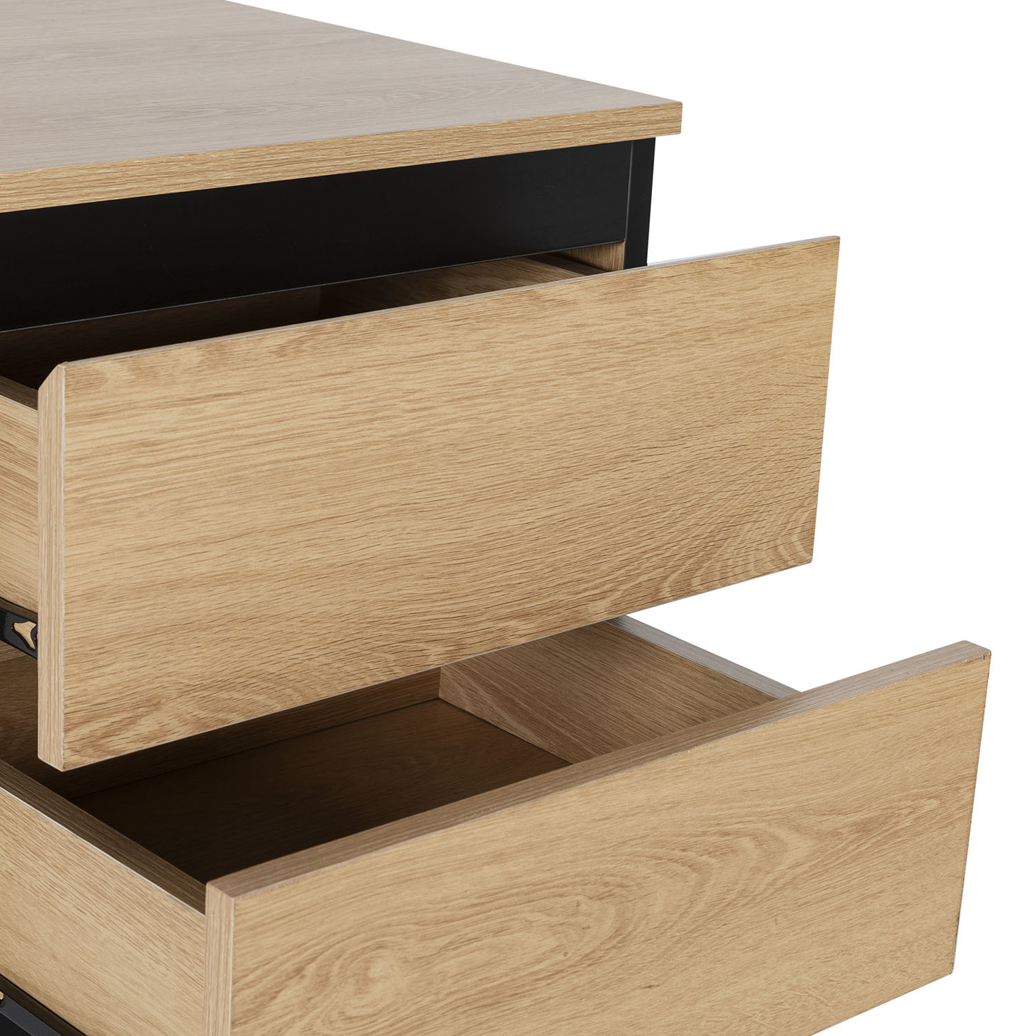 Cajones de madera: uno abierto, uno semiabierto. Mueble moderno.