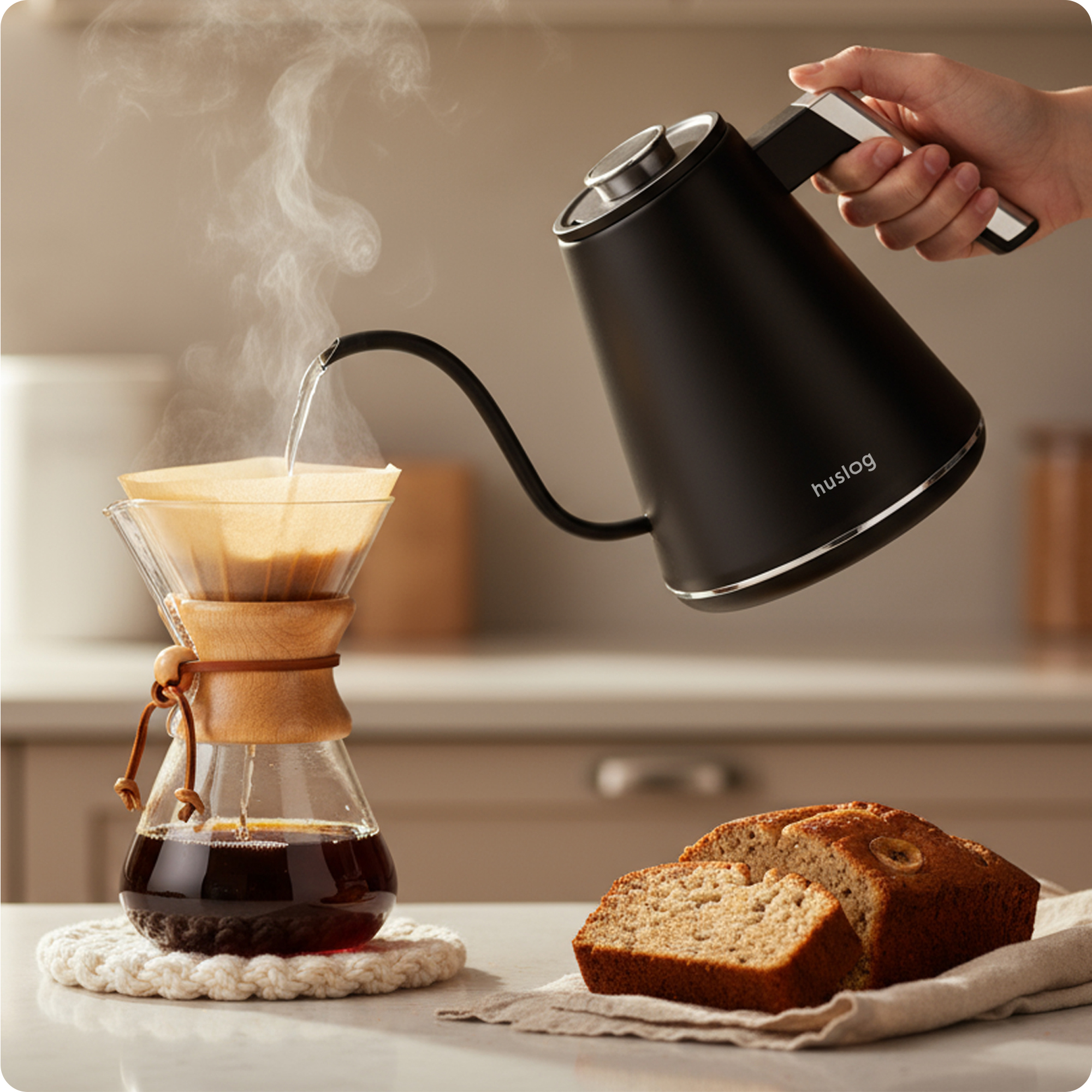 Ręka przelewa gorącą wodę z czajnika do zaparzacza Chemex. Obok leży chleb bananowy.