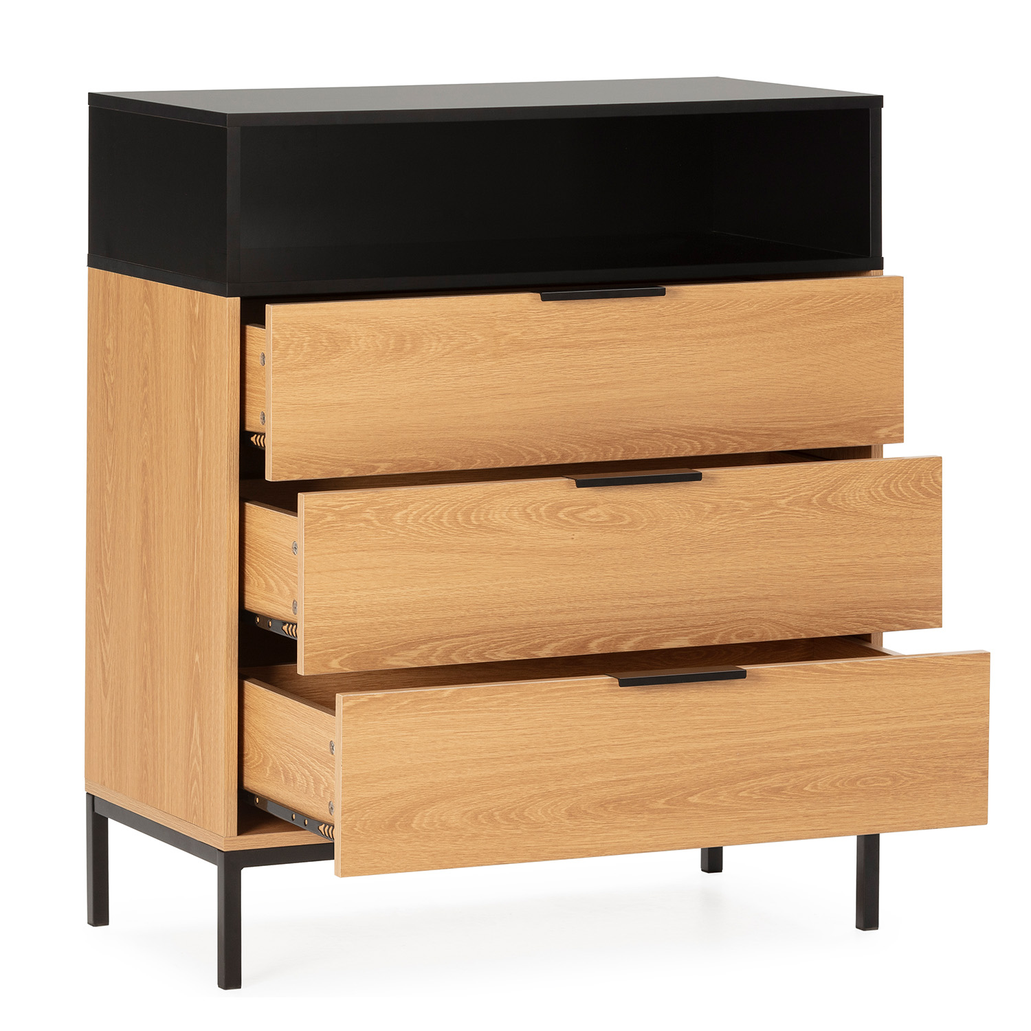 Cómoda moderna de madera clara con tres cajones y estante superior negro.