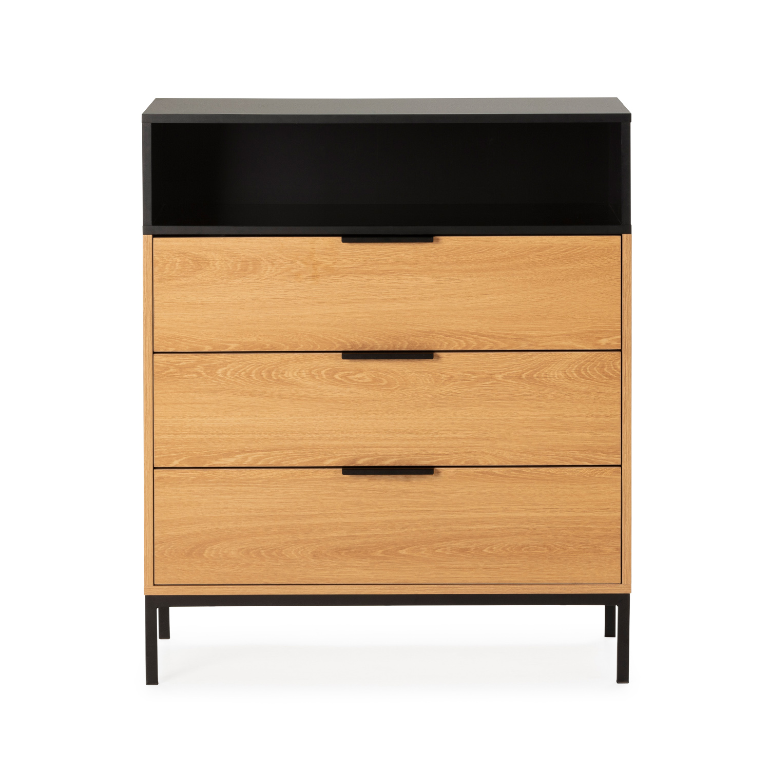 Cómoda de madera con tres cajones y un compartimento superior negro.