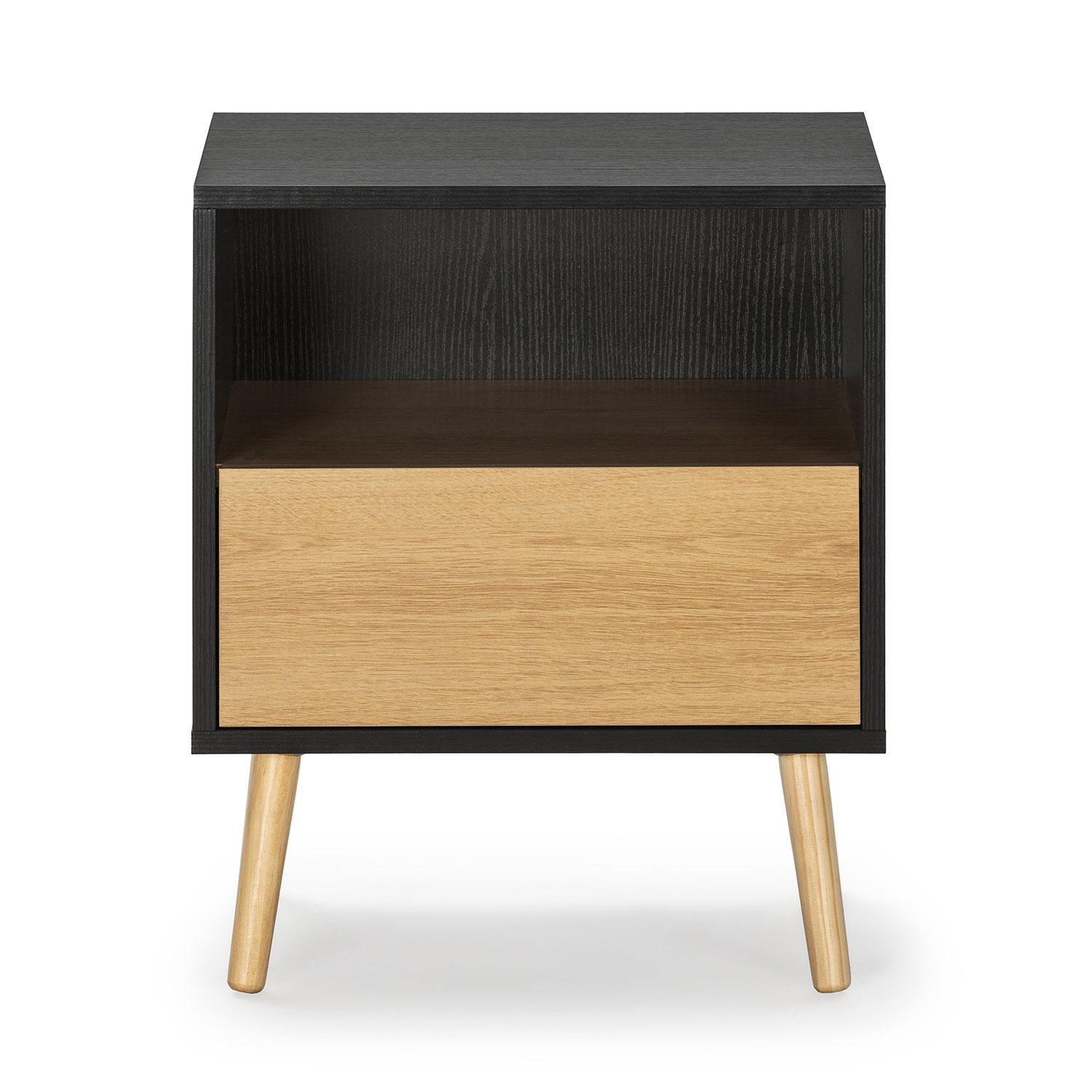 Una mesita de noche negra con un cajón de madera clara y cuatro patas.