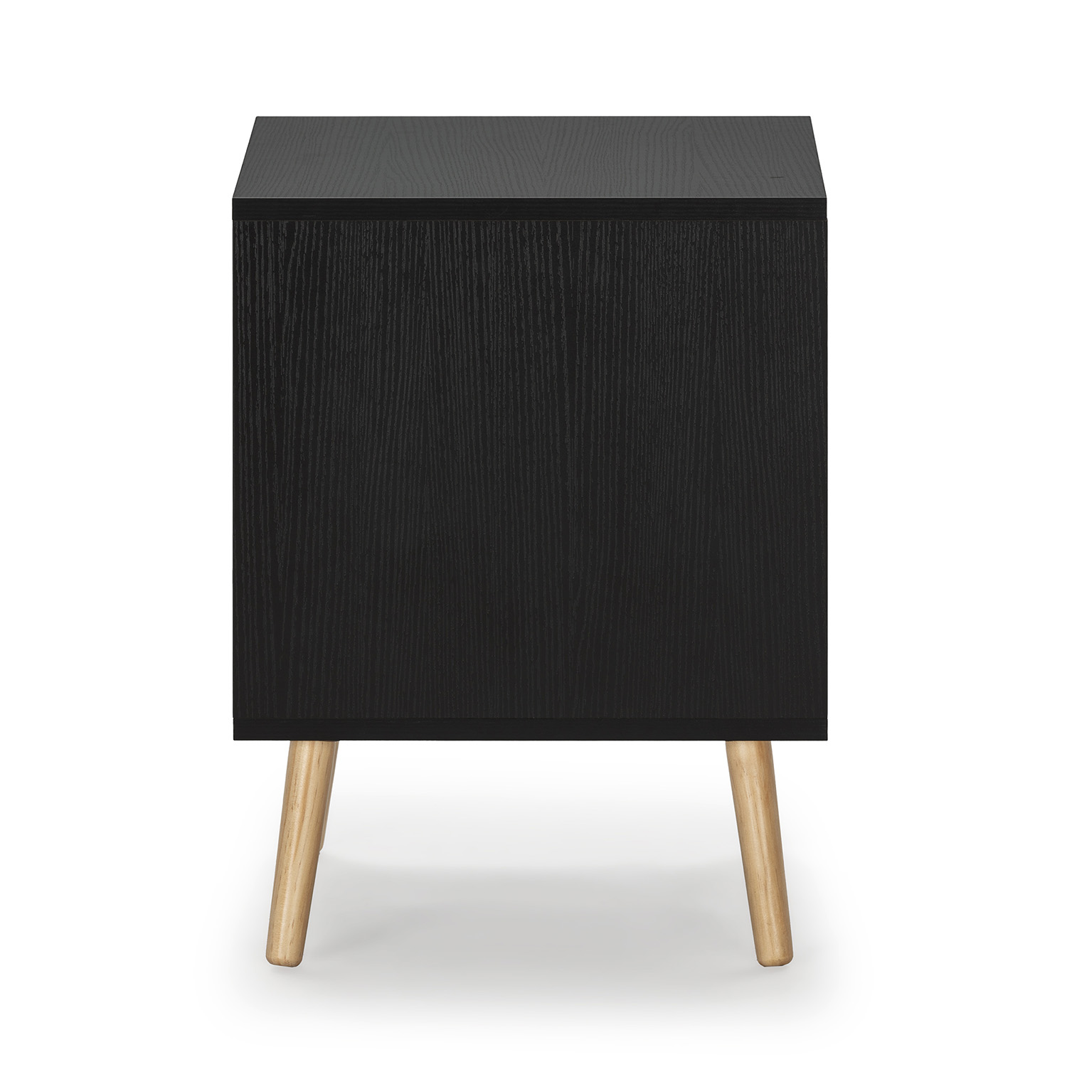 Mesita de noche negra con patas de madera sobre fondo blanco.