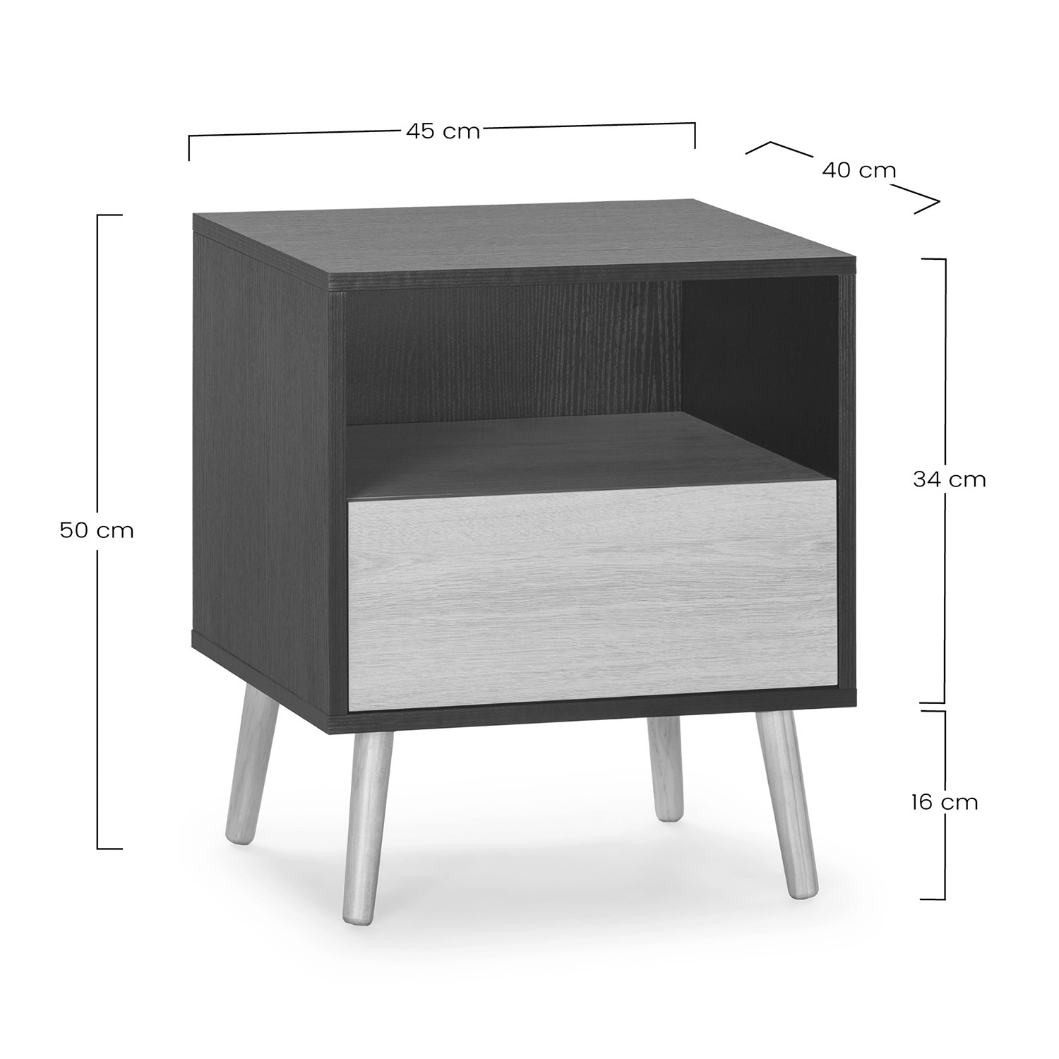 Mesita de noche oscura con cajón y dimensiones.