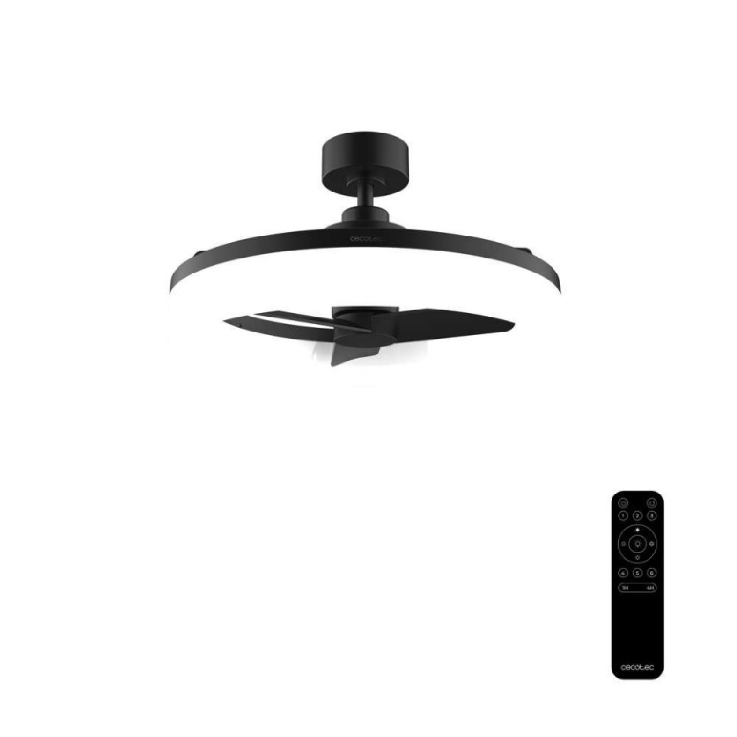 Ventilador de techo negro con luz y mando a distancia sobre fondo blanco.