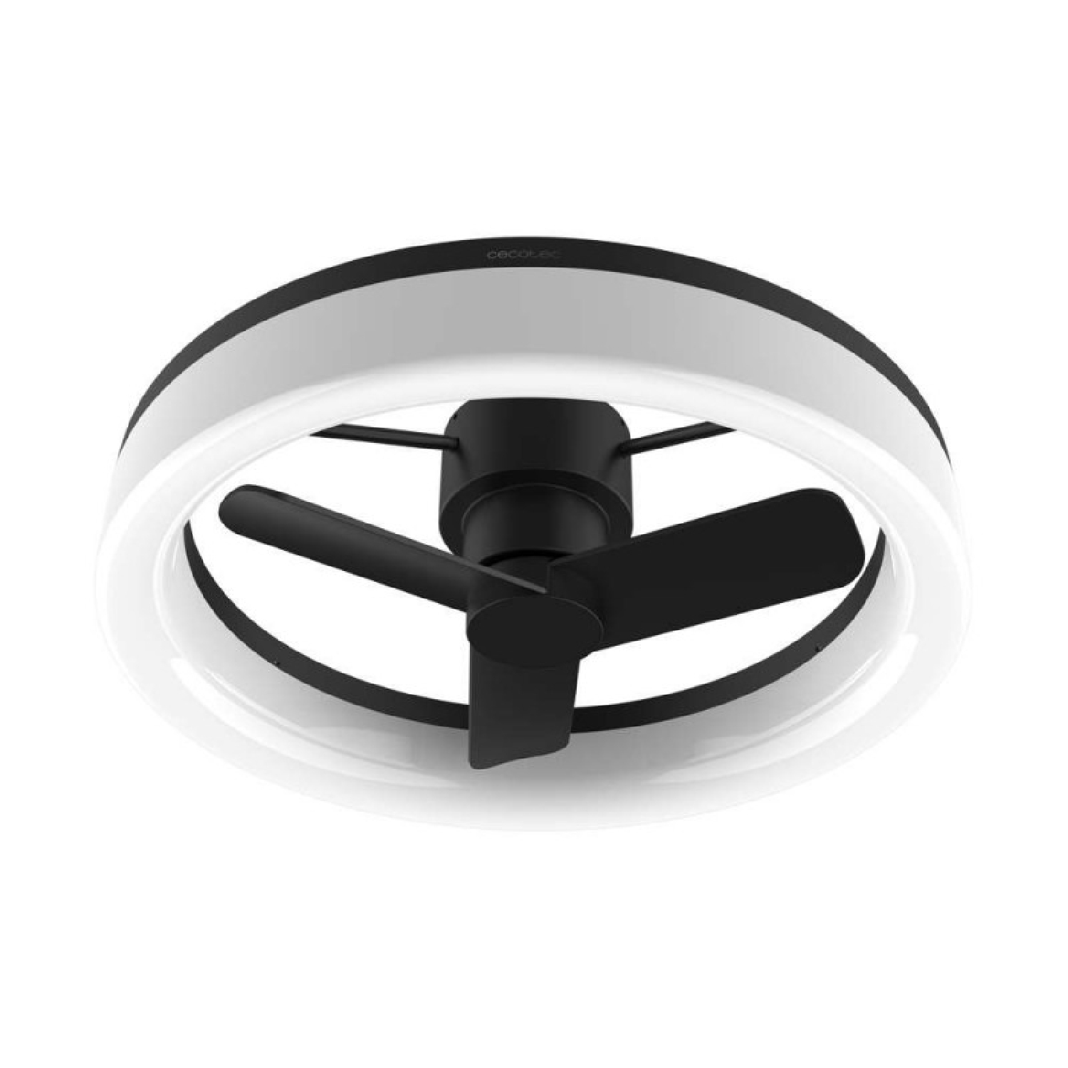 Ventilador de techo negro moderno con anillo de luz LED blanco integrado.