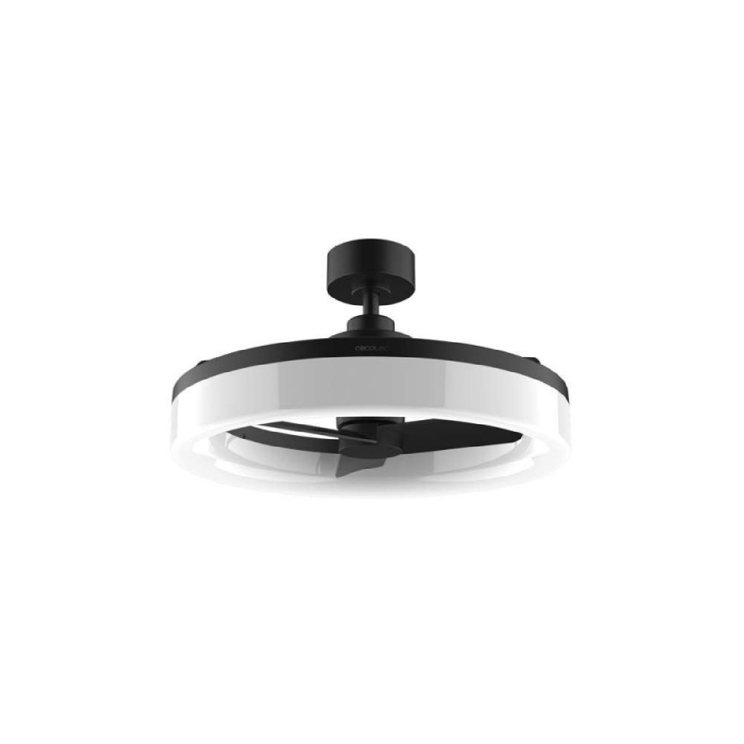 Ventilador de techo negro con luz de anillo LED, sobre fondo blanco.