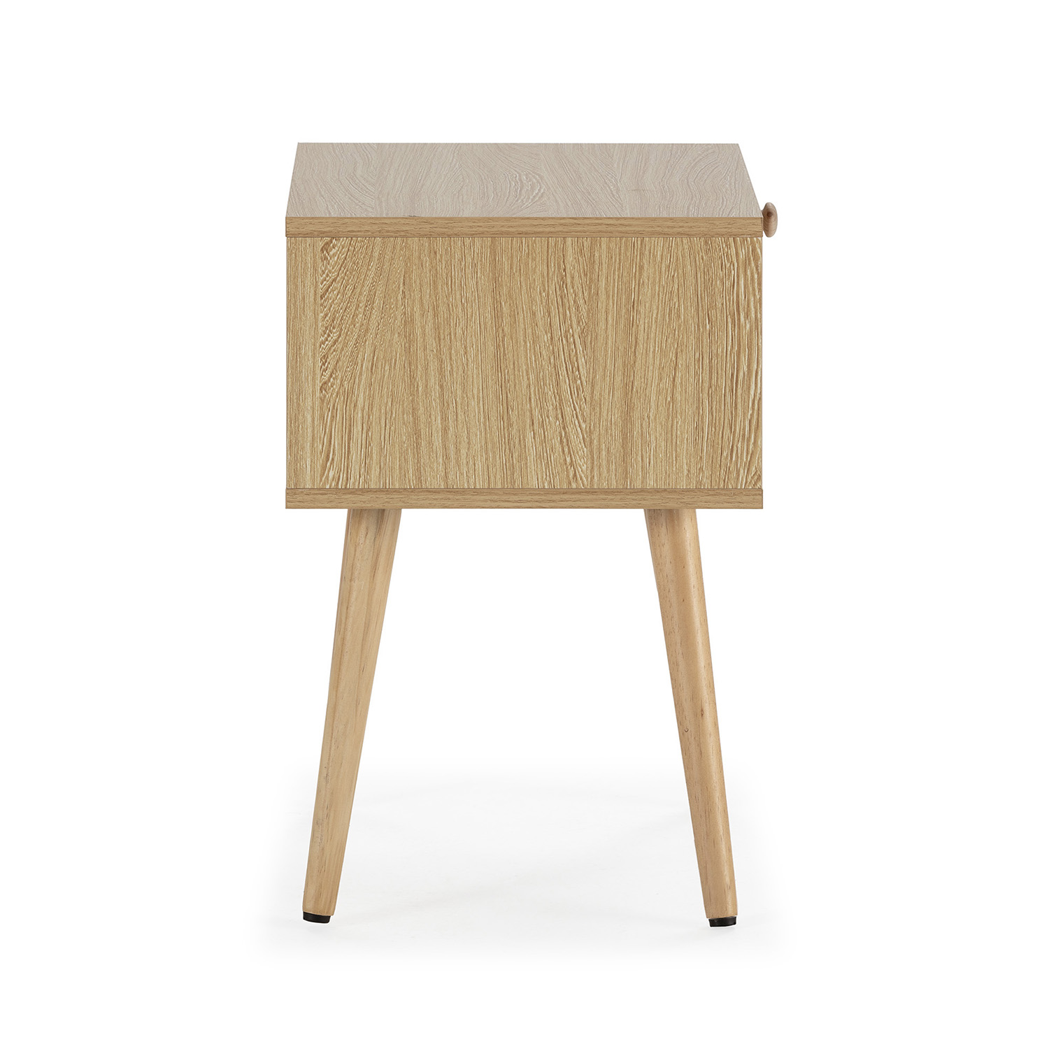 Una mesita de noche de madera con tres patas y un cajón.