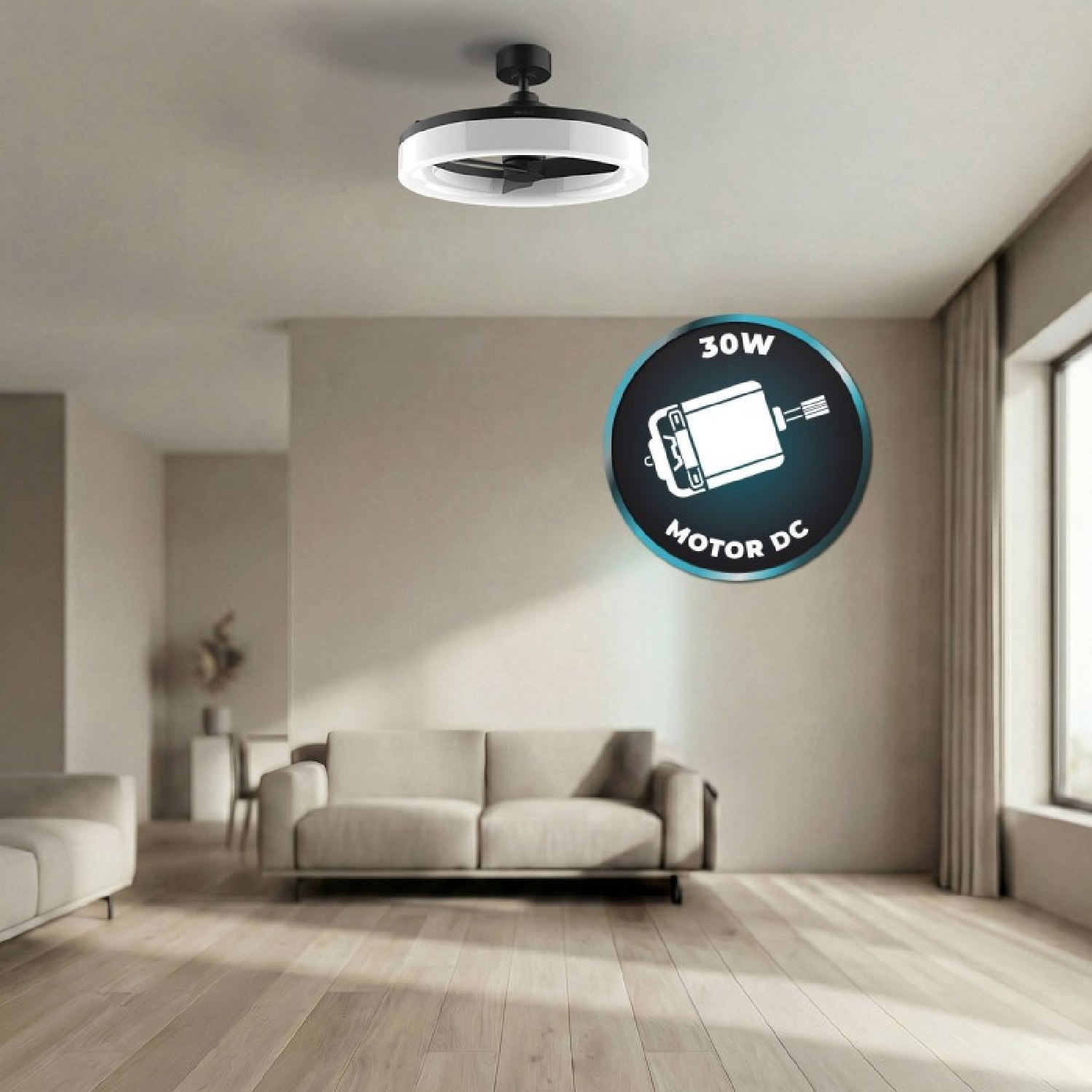 Una lámpara de techo con ventilador en una sala de estar moderna con sofás.