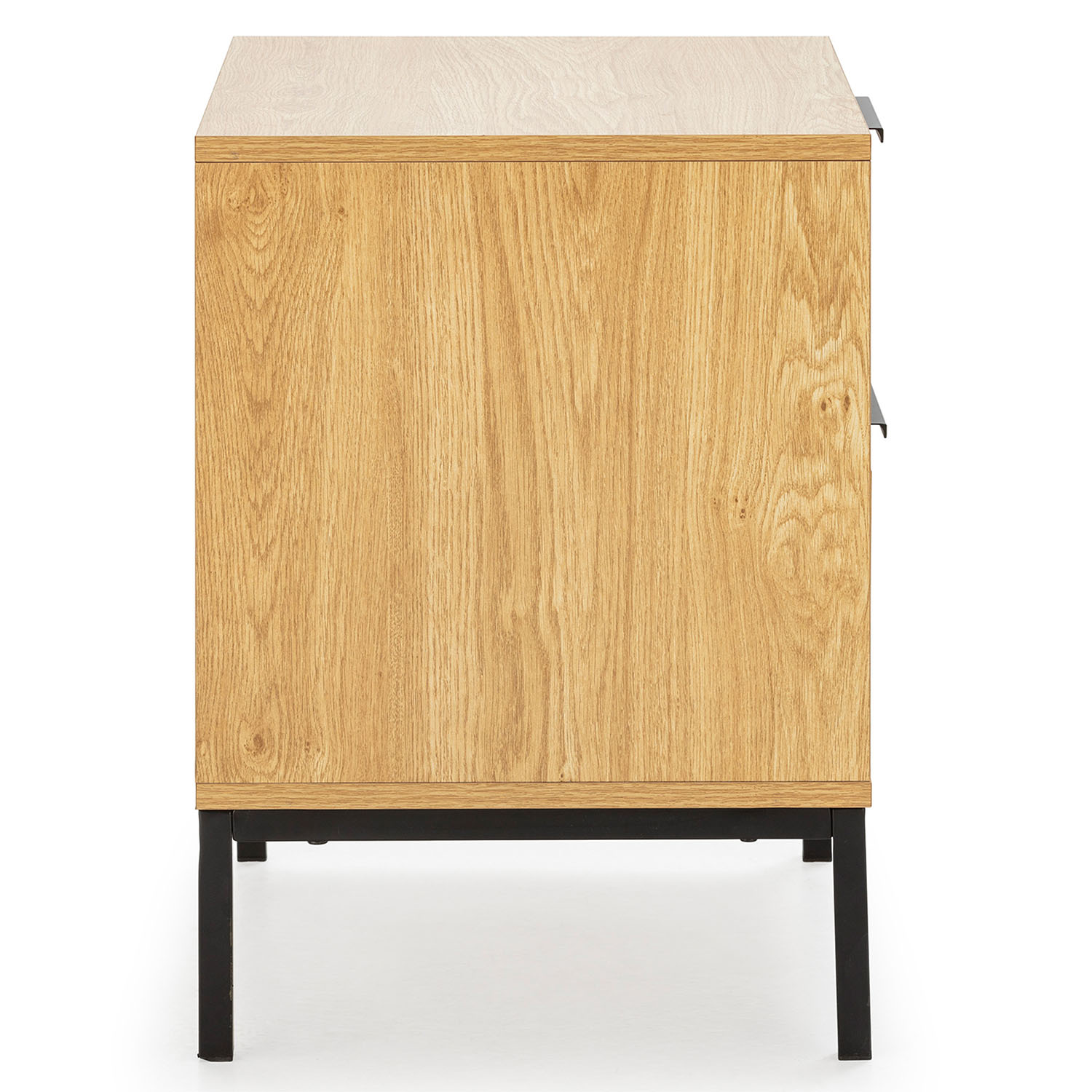 Un gabinete de madera con patas negras, mostrado de lado.