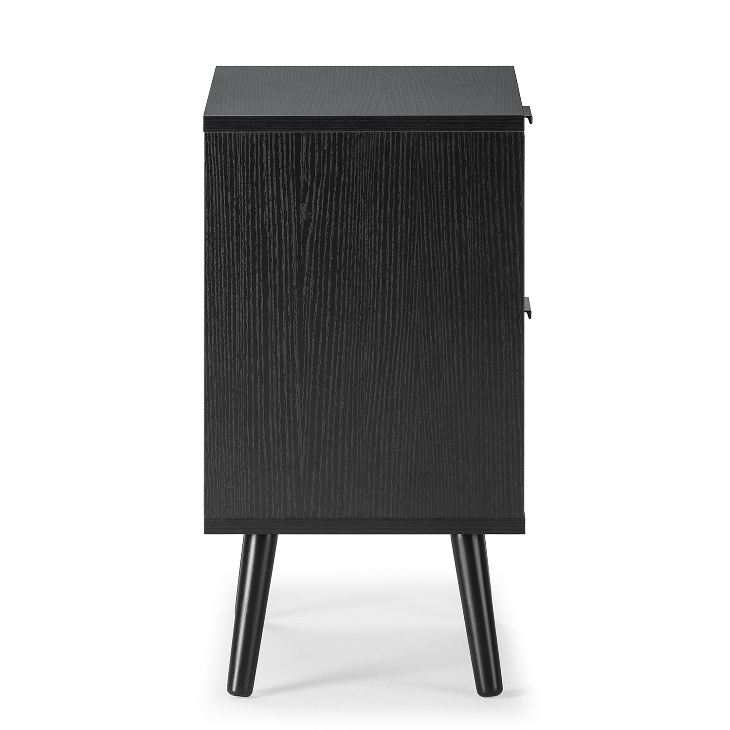 Mesita de noche negra con veta de madera y patas cónicas.