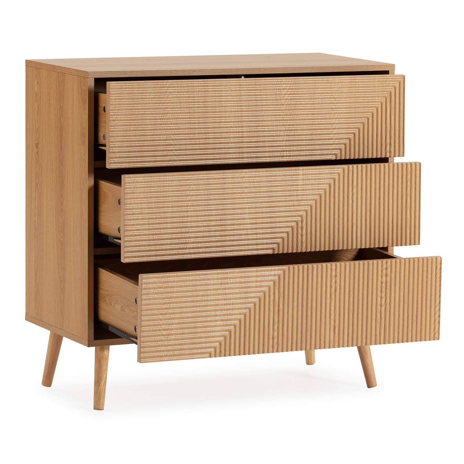 Una cómoda de madera con tres cajones, acanalada en la parte delantera.