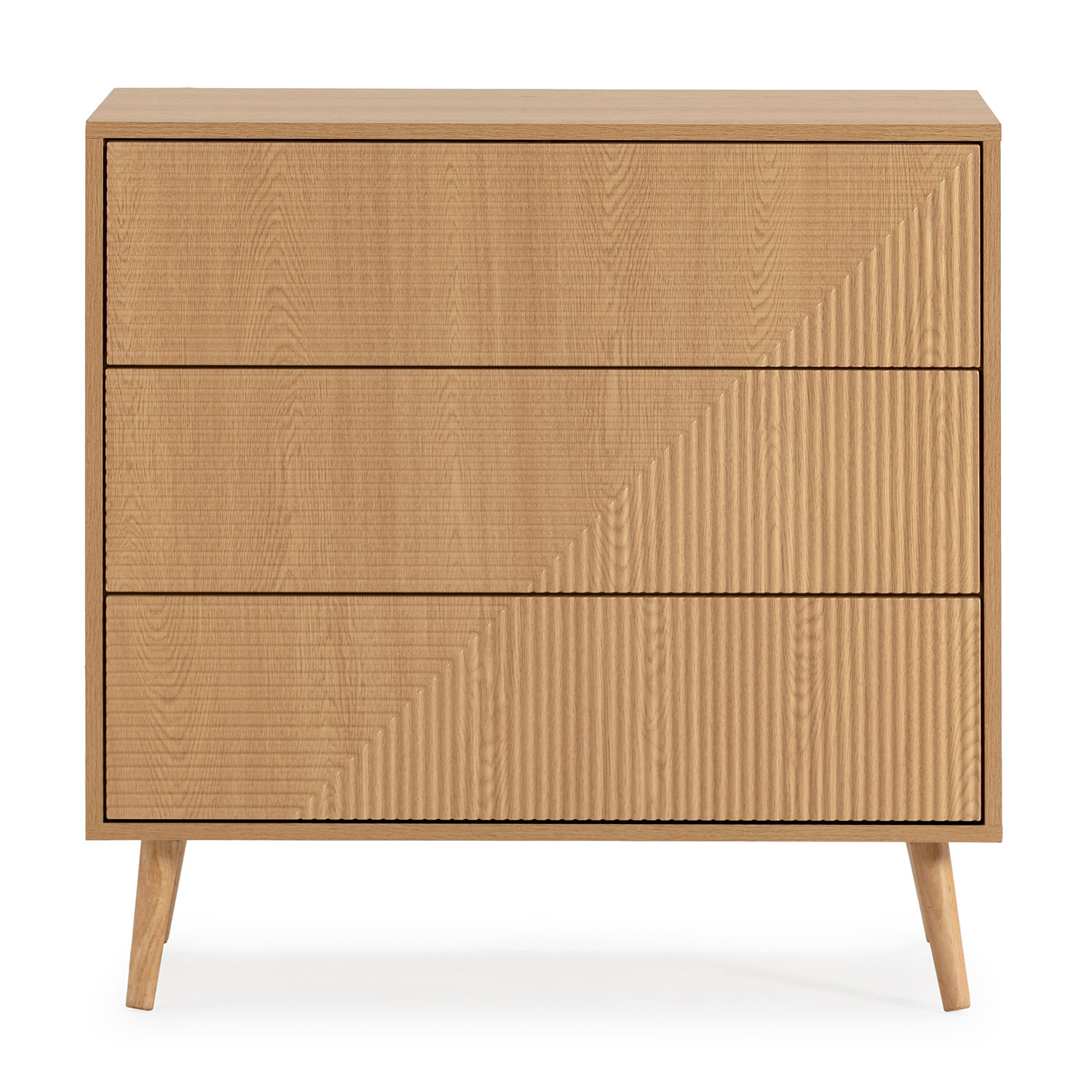 Cómoda de madera con tres cajones, sobre cuatro patas cónicas.