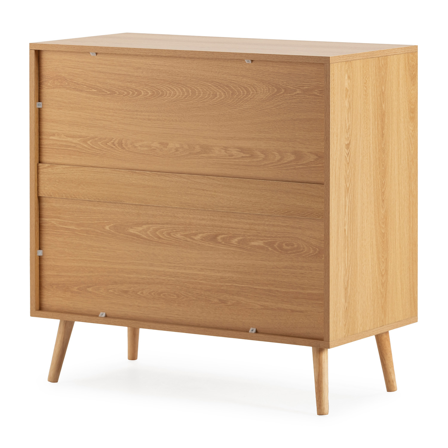 Un mueble de madera con tres cajones y cuatro patas inclinadas.