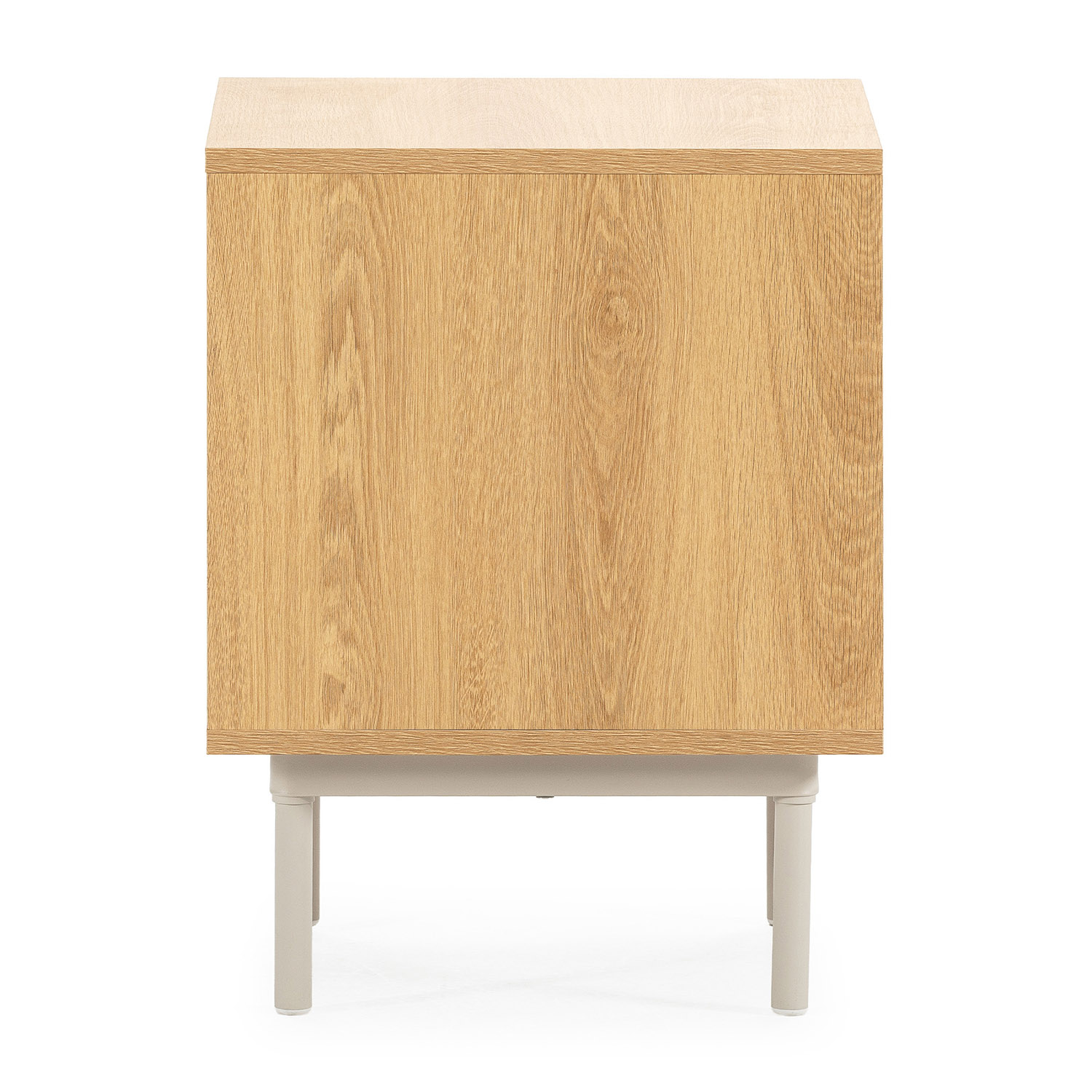 Un mueble de madera sobre patas delgadas y beige.