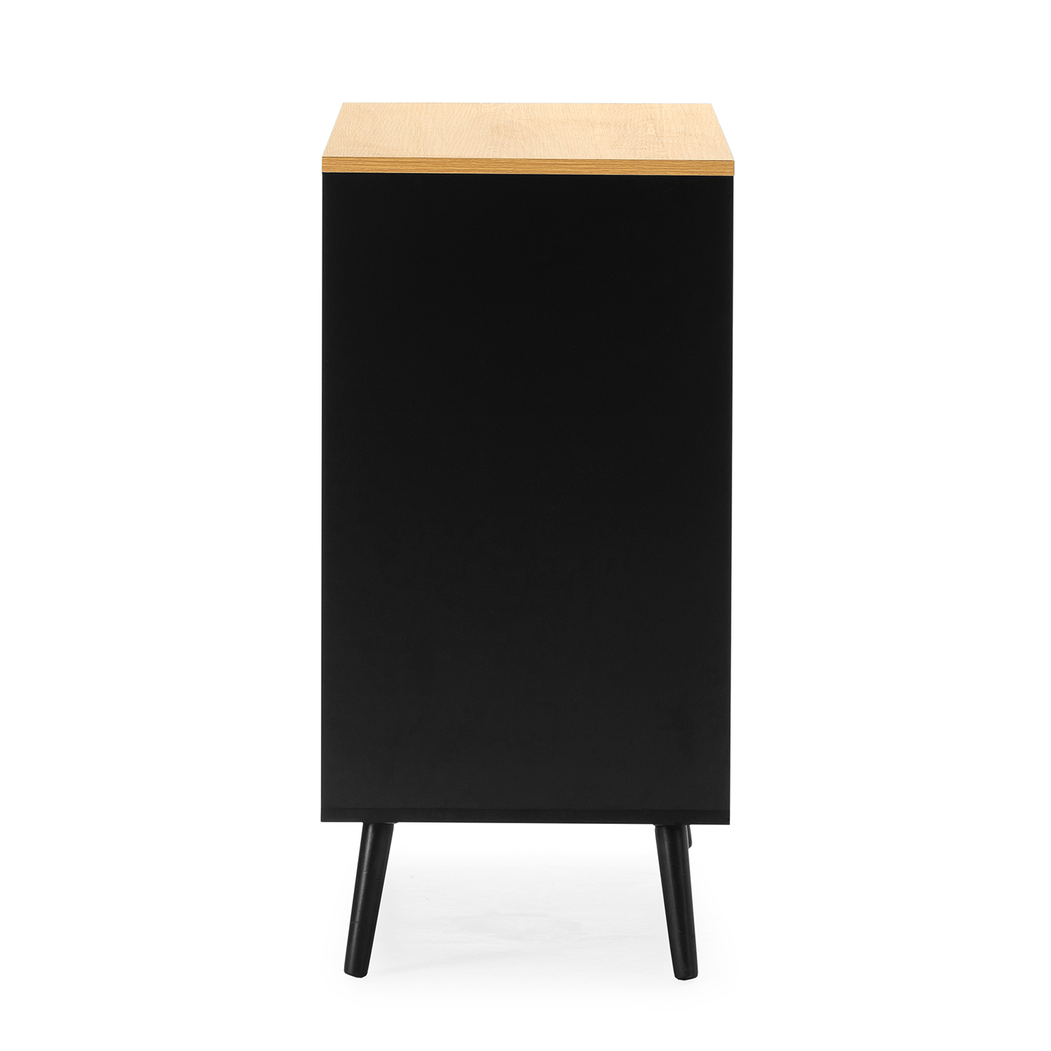 Un gabinete negro con tapa de madera y cuatro patas sobre fondo blanco.