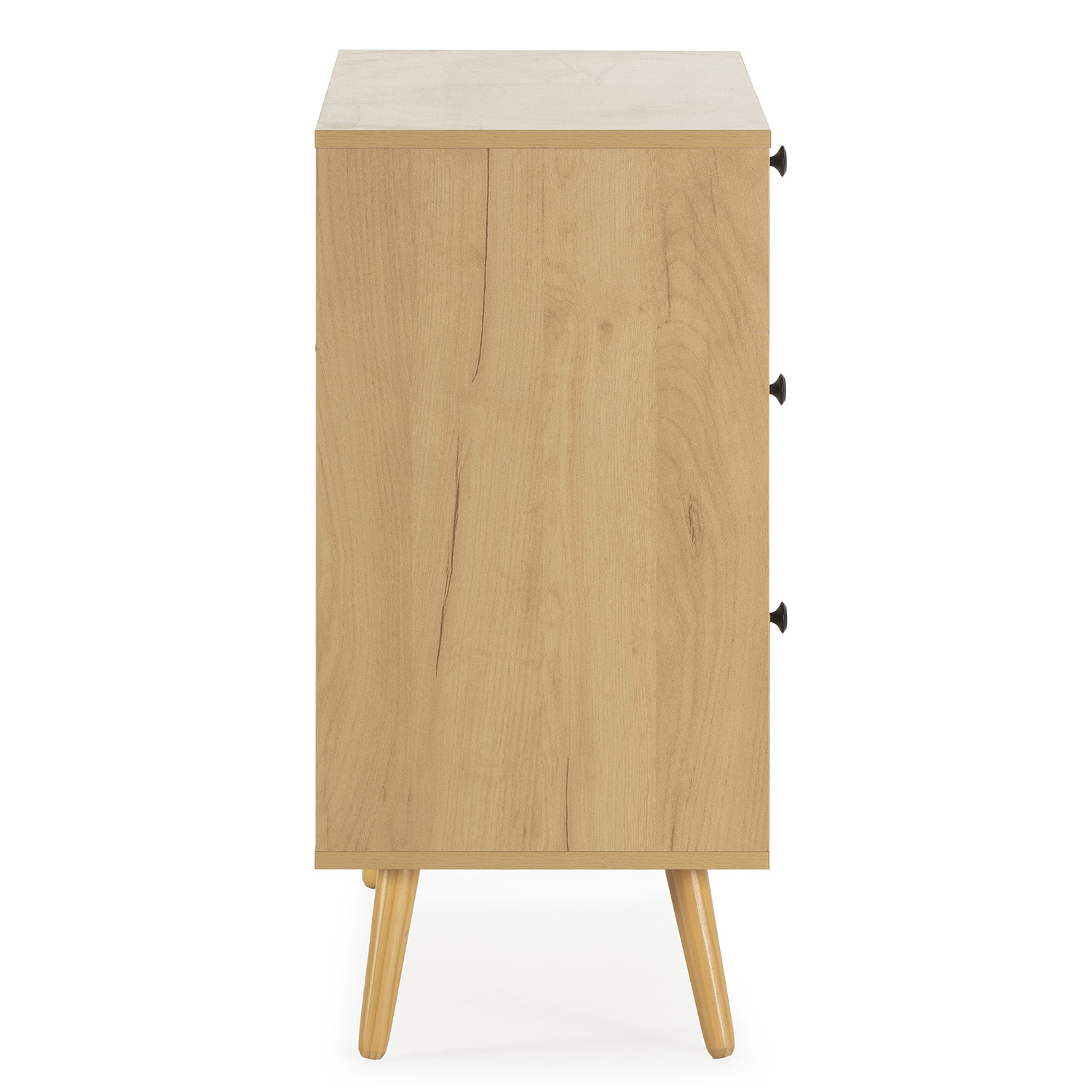 Cómoda de madera con tres cajones y cuatro patas cónicas.