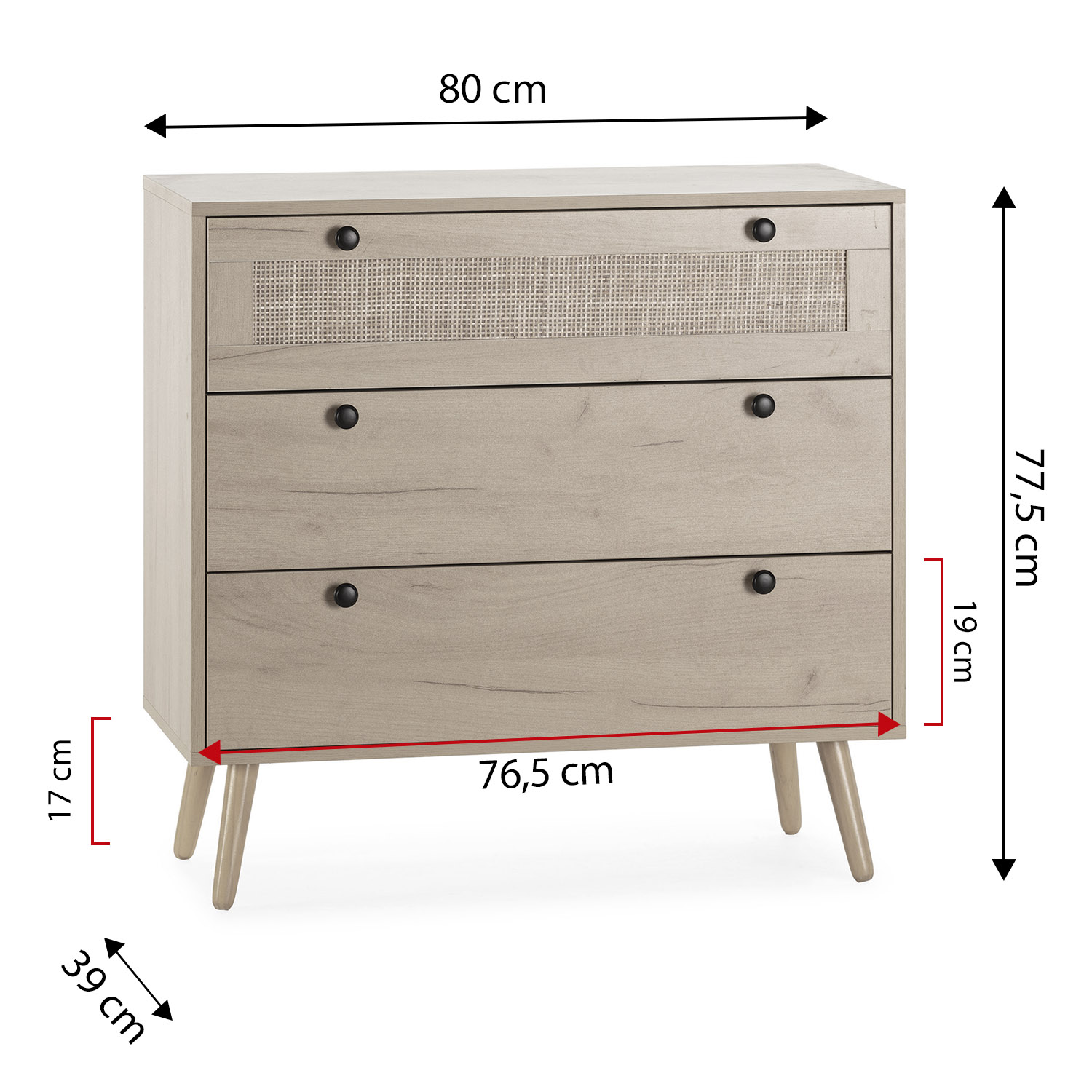 Cómoda de madera con tres cajones y detalle de ratán. Dimensiones: 80x77,5x39cm.