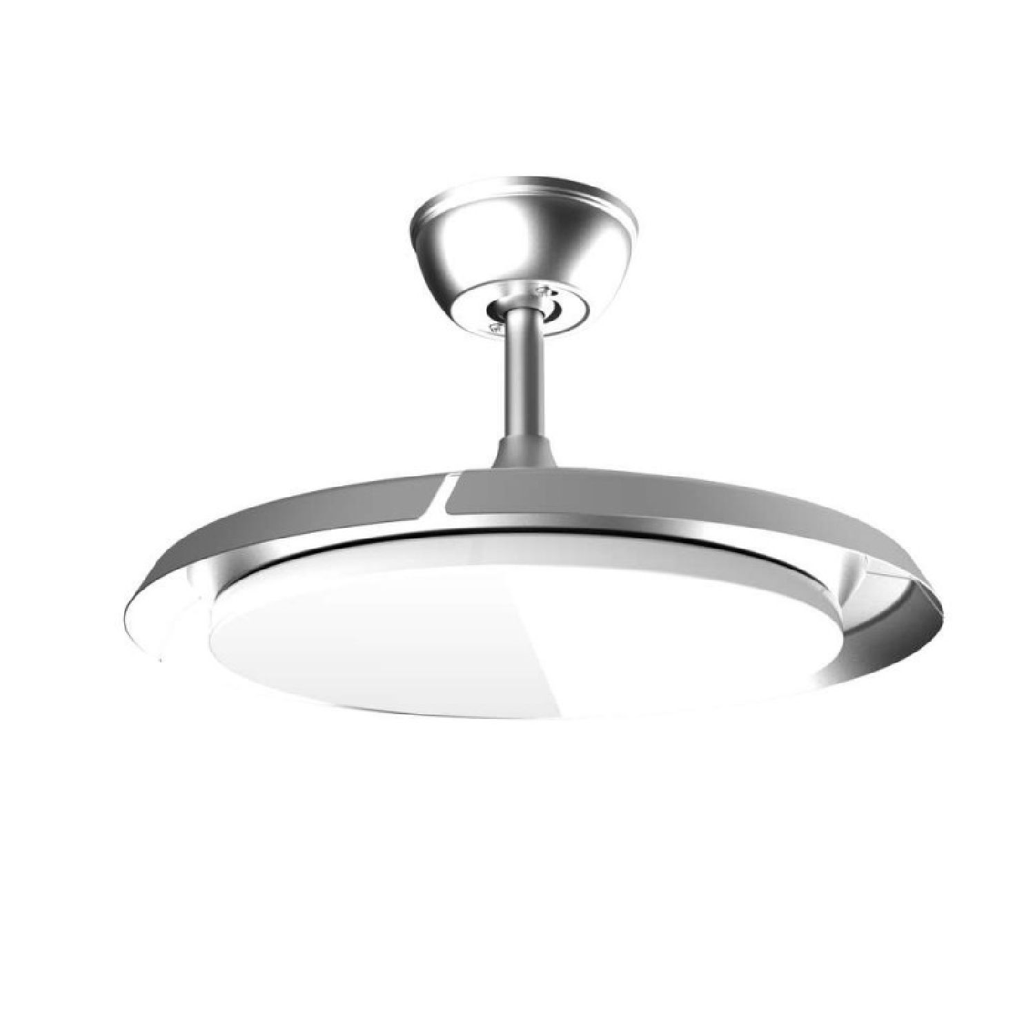 Ventilatore da soffitto argentato con luce LED integrata, sfondo bianco.