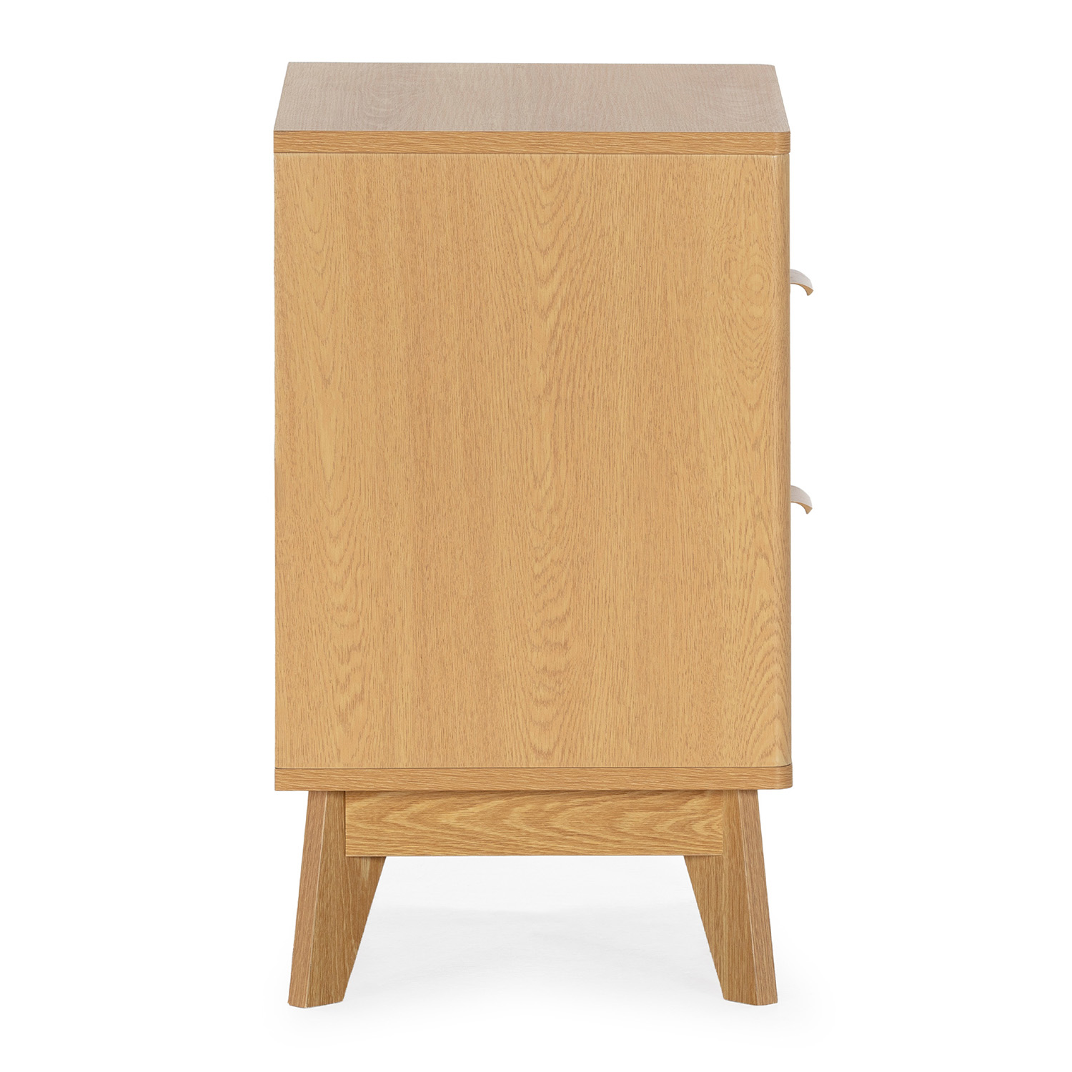 Una cómoda de madera con tres cajones sobre patas, vista de lado.