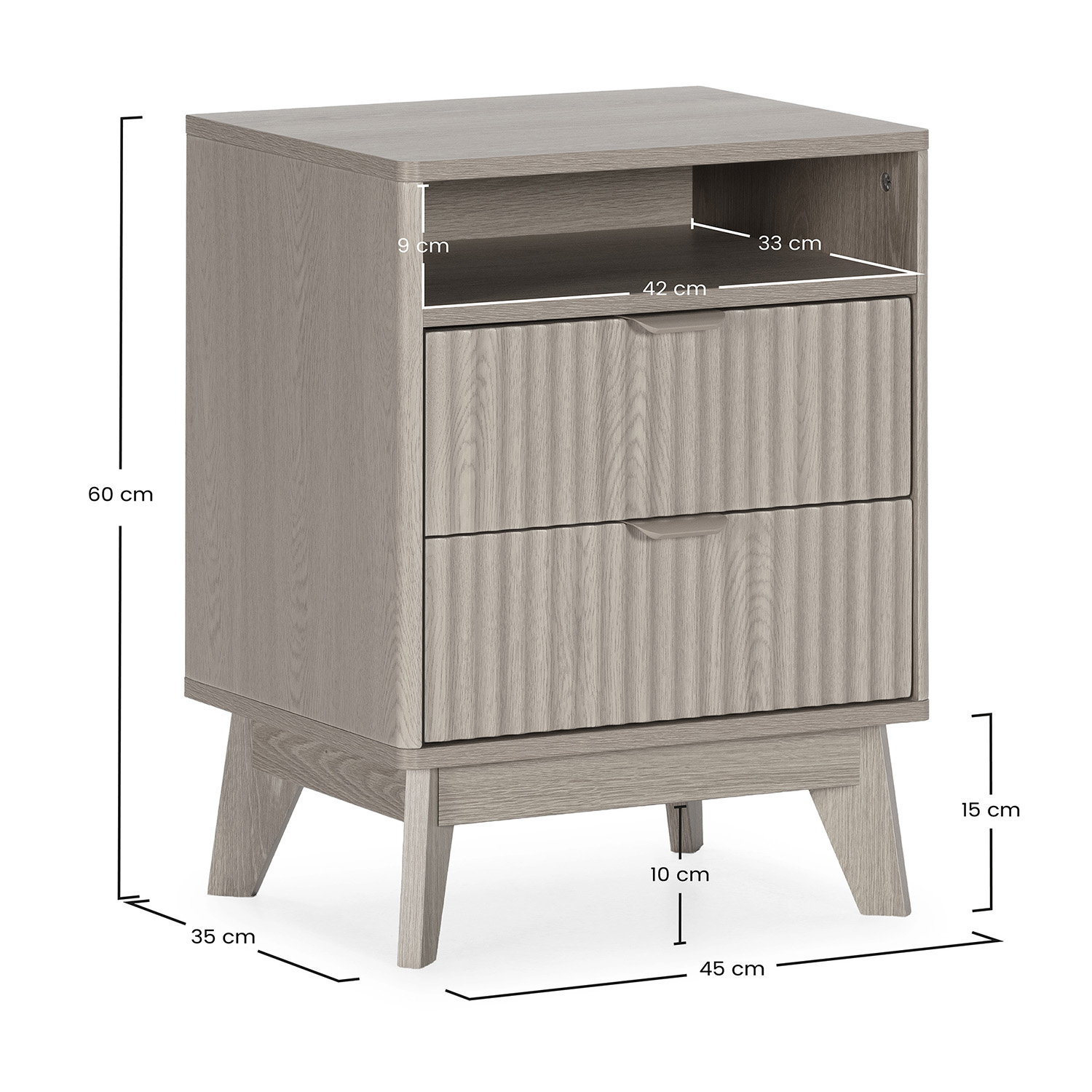 Una mesita de noche de madera gris con dos cajones y un estante abierto. Se muestran las dimensiones.