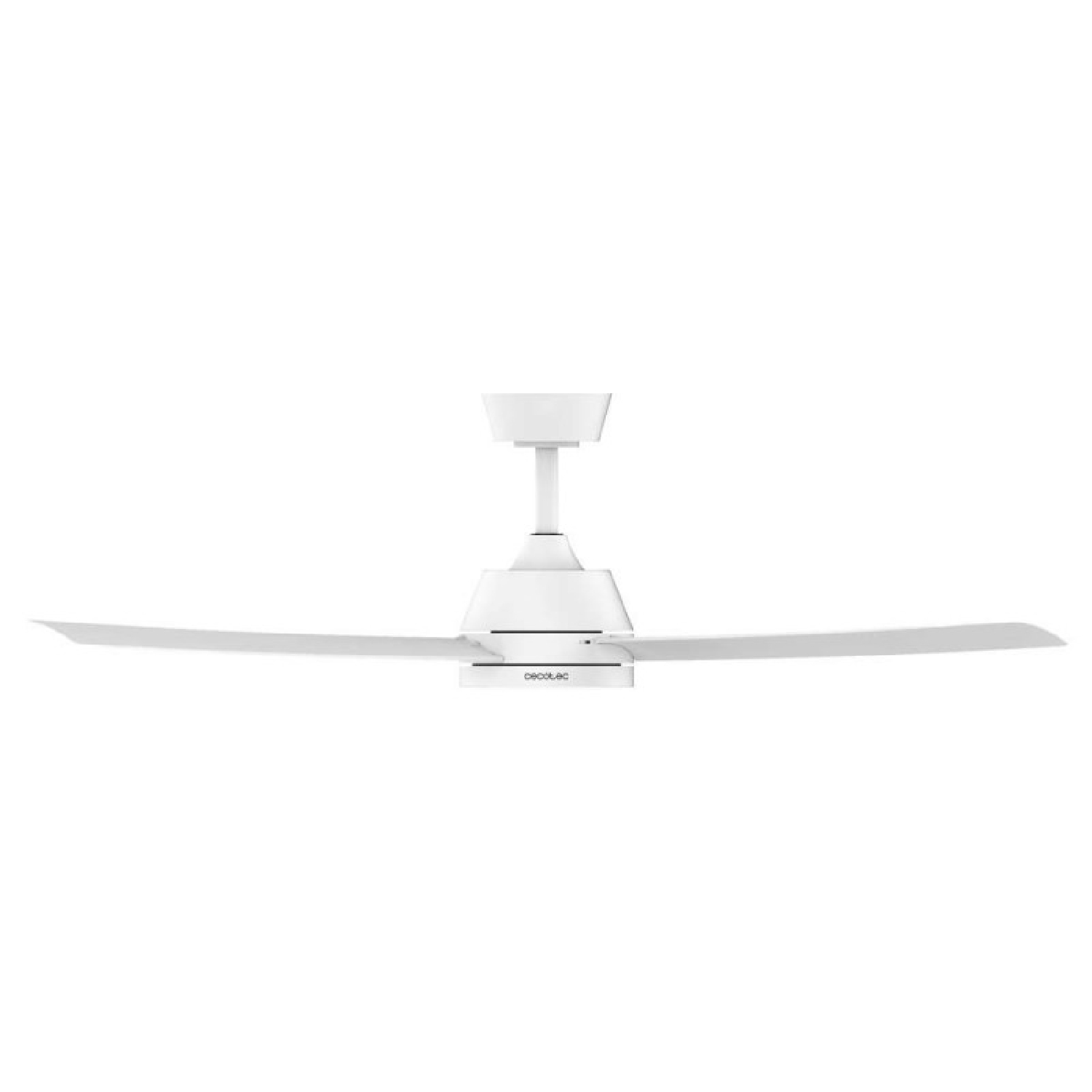 Un moderno ventilatore da soffitto bianco con tre pale sottili.