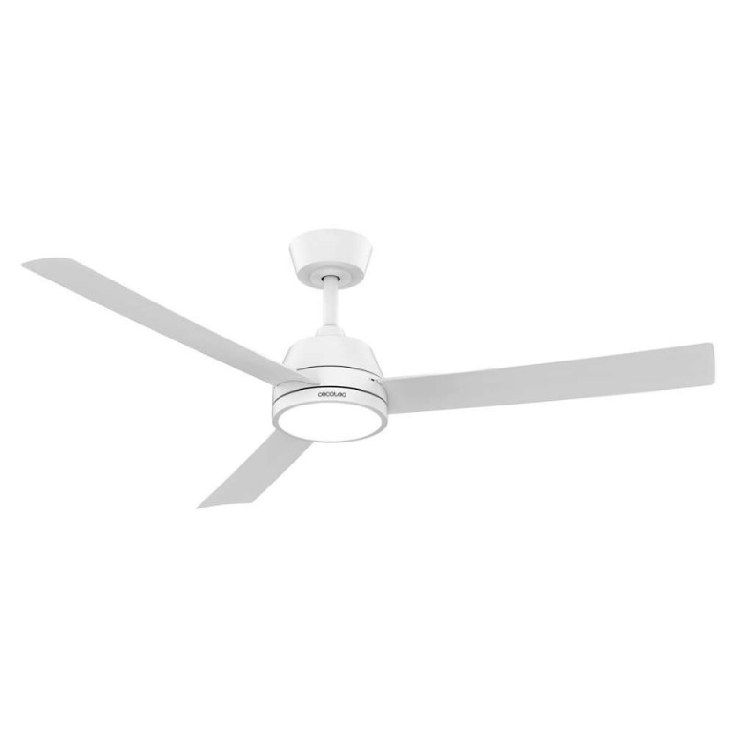 Un ventilatore da soffitto bianco con tre pale e luce integrata.