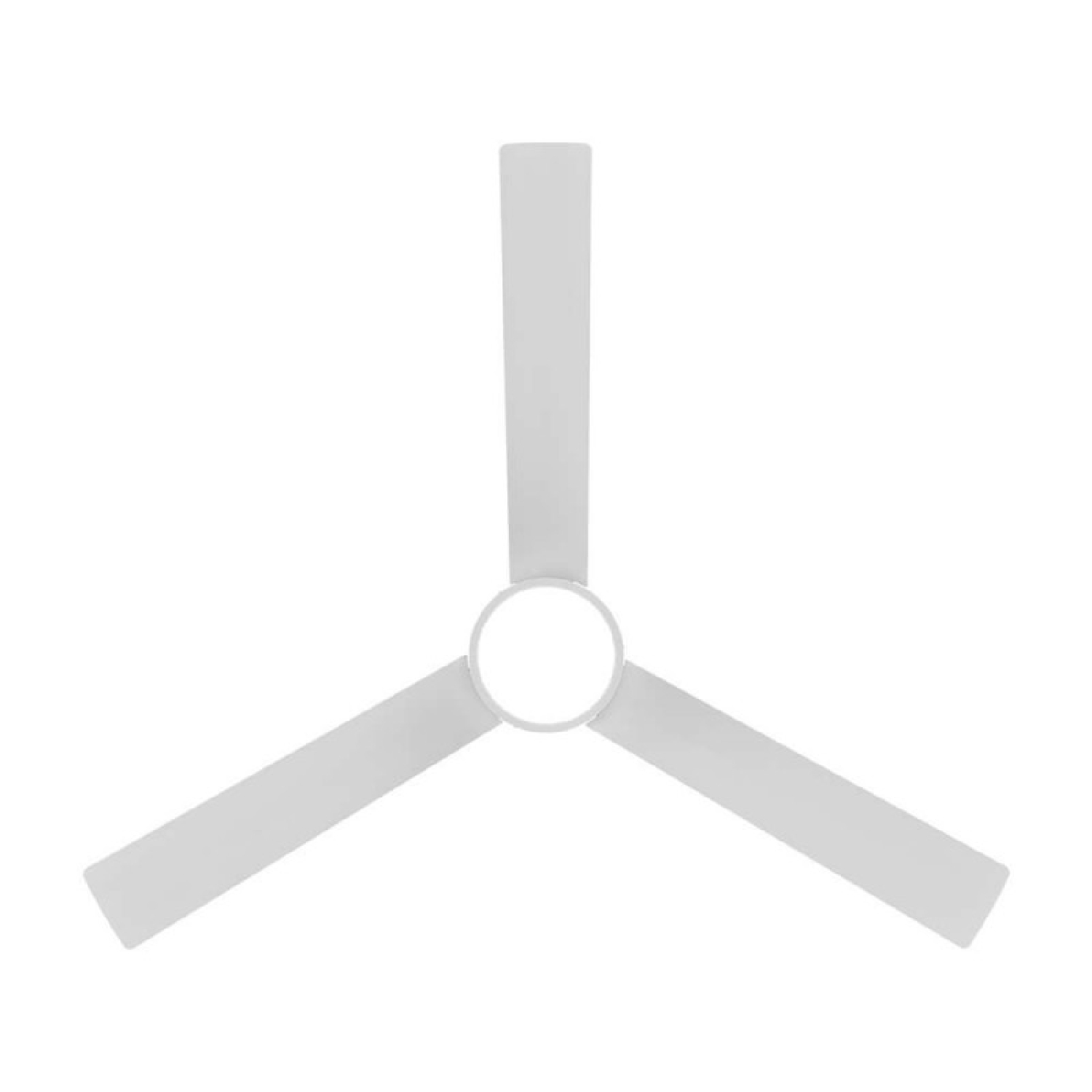 Un ventilatore da soffitto bianco con tre pale su sfondo bianco.