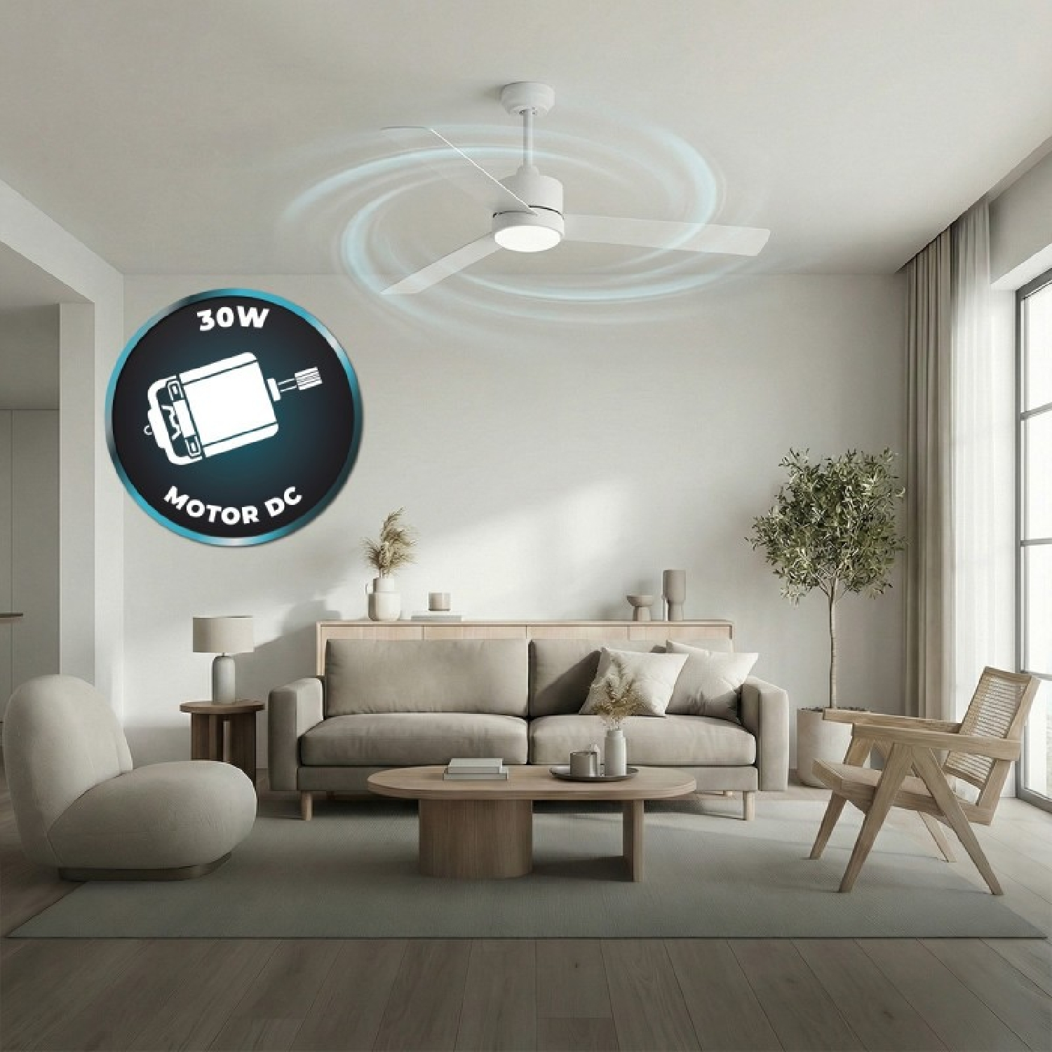 Un ventilatore da soffitto bianco a tre pale gira sopra un soggiorno. Un'icona del motore CC è a sinistra.