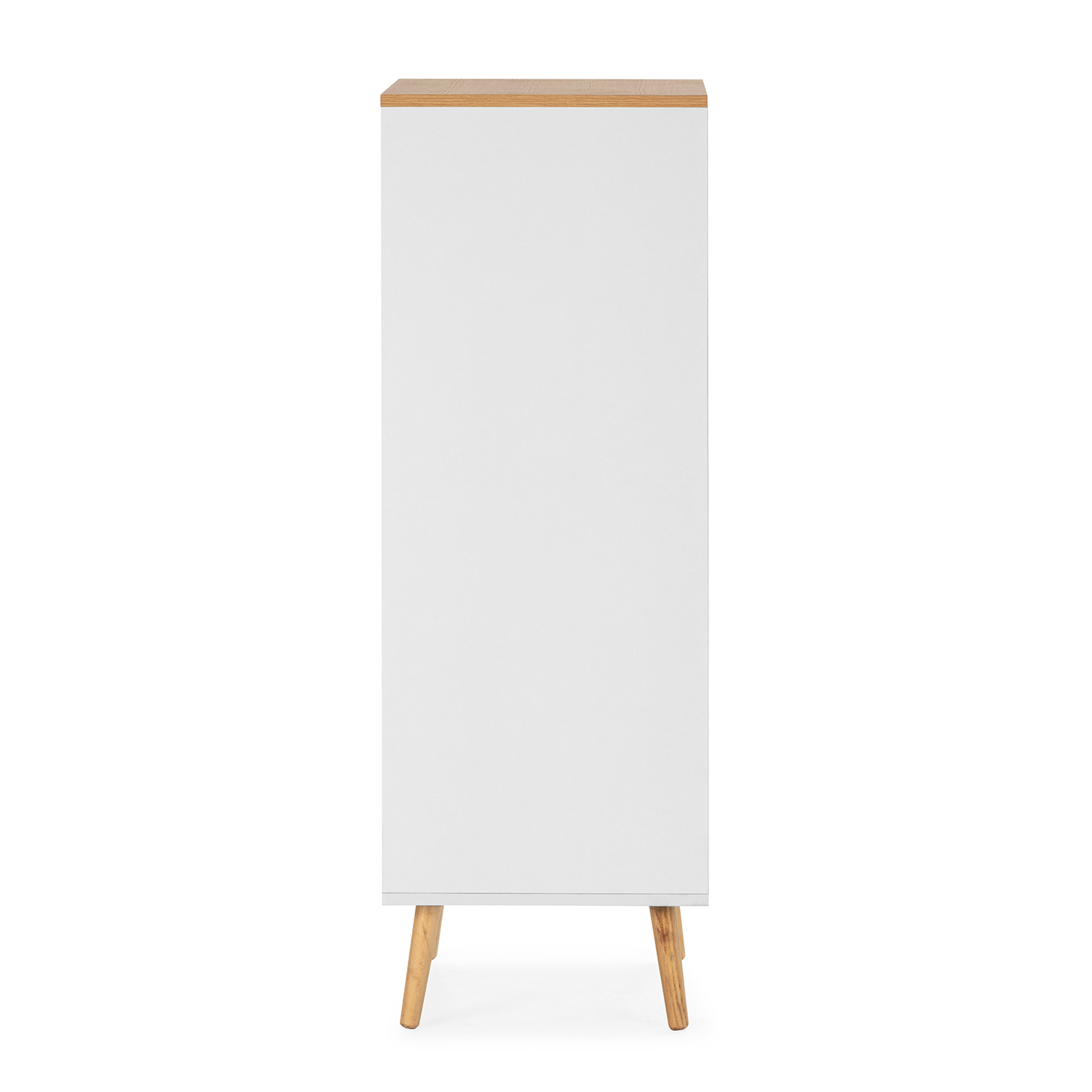 Un armario blanco alto y delgado con tapa de madera y tres patas.